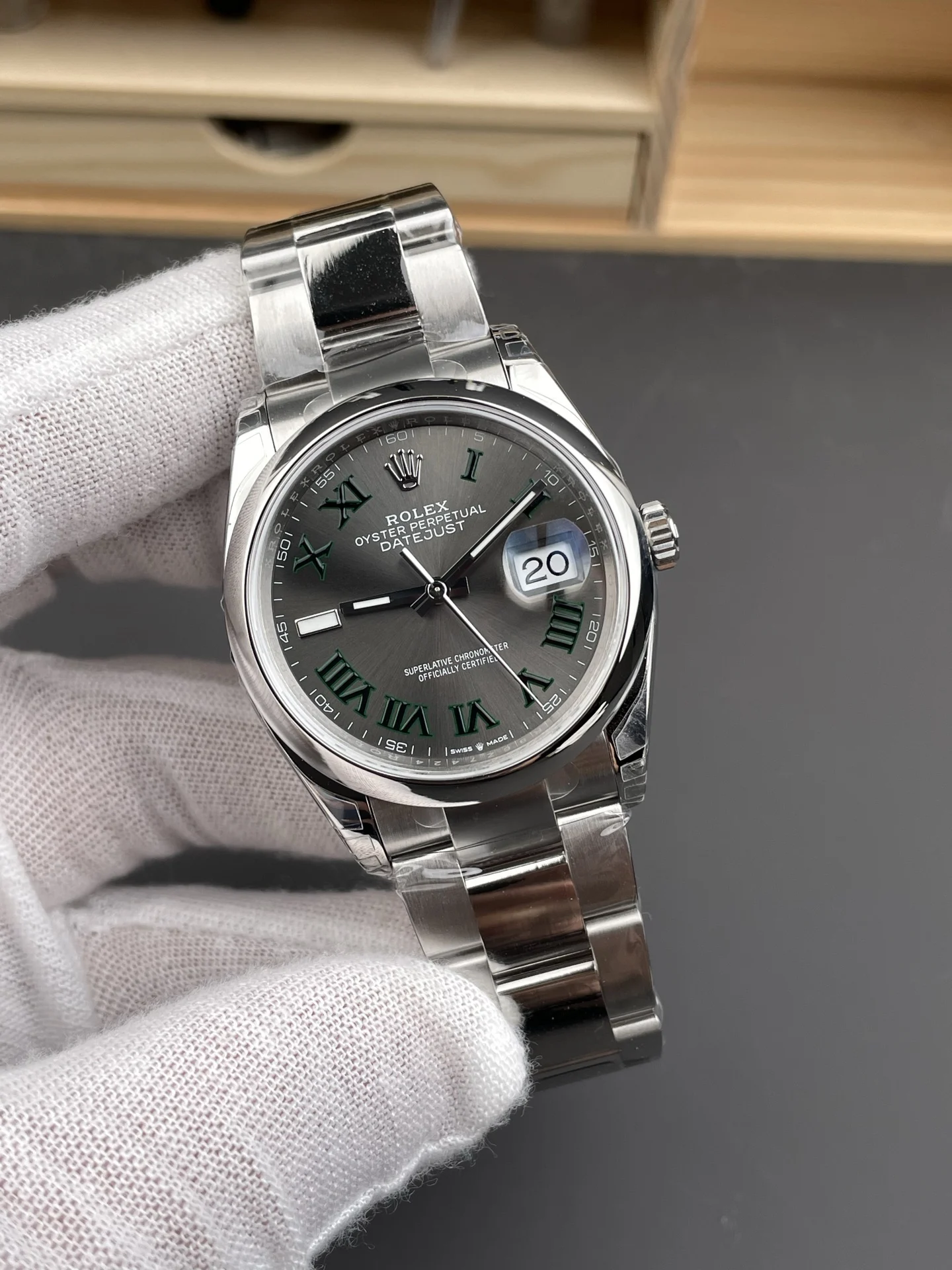 Rolex Datejust Green Dial 36mm — photographed off the sweep