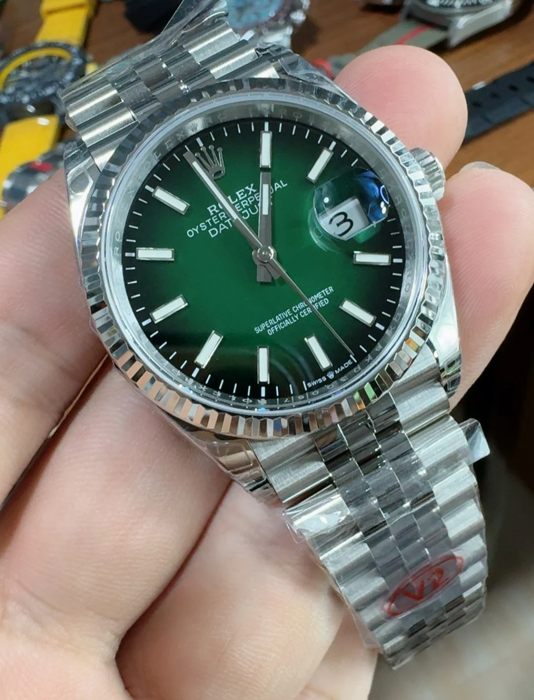 Rolex Datejust Green Dial 36mm — photographed off the sweep