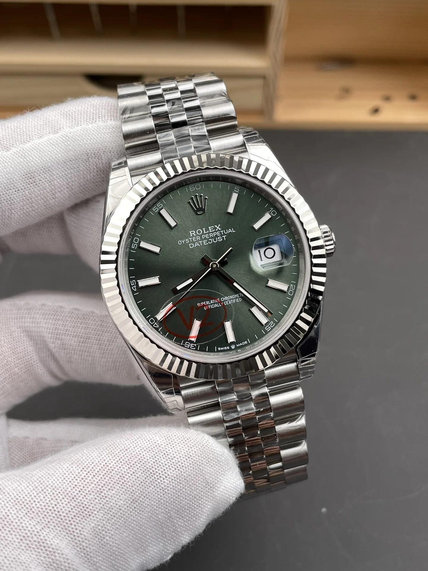 Rolex Datejust Green Dial 41mm — photographed off the sweep