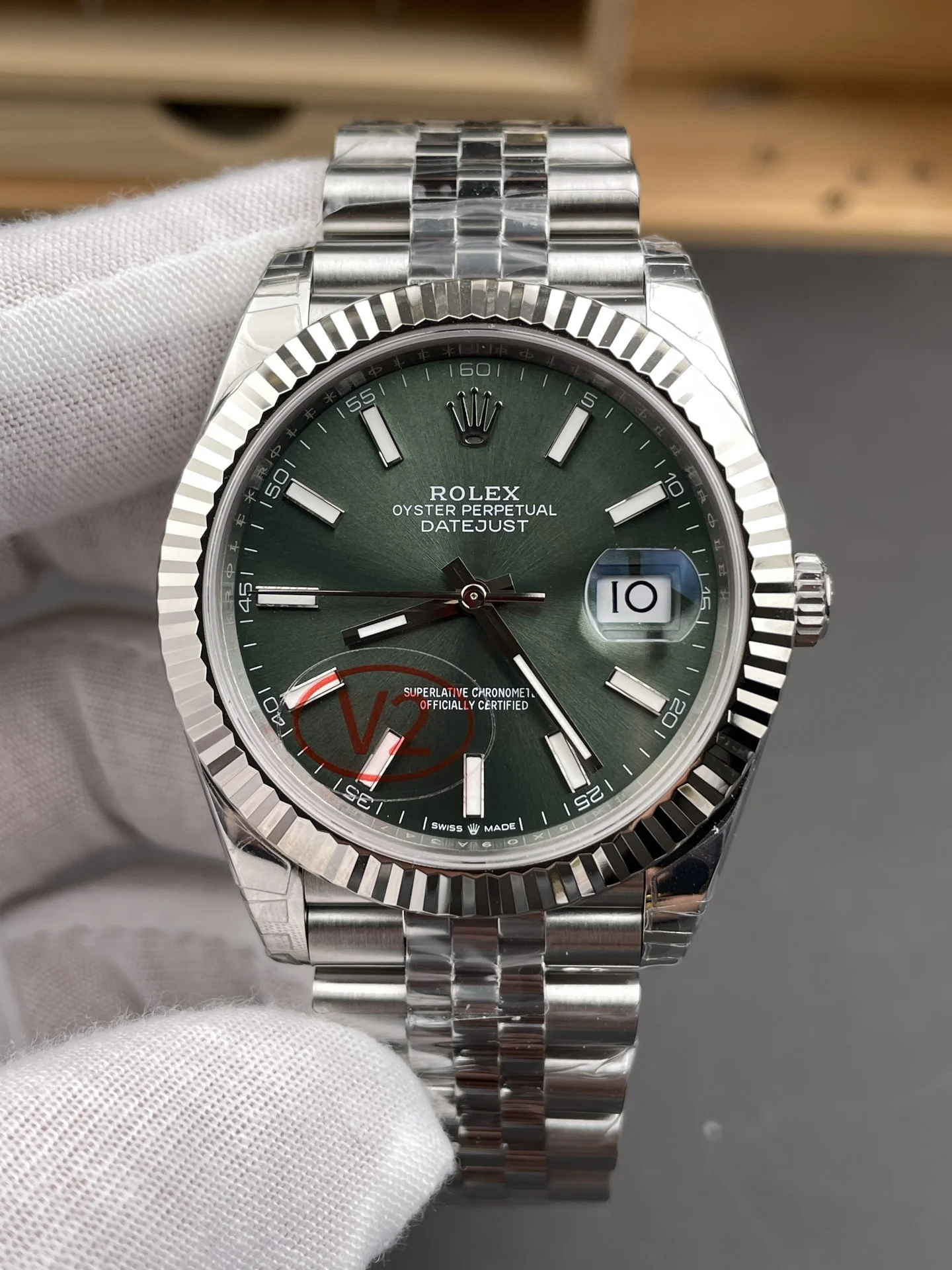 Rolex Datejust Green Dial 41mm — photographed off the sweep