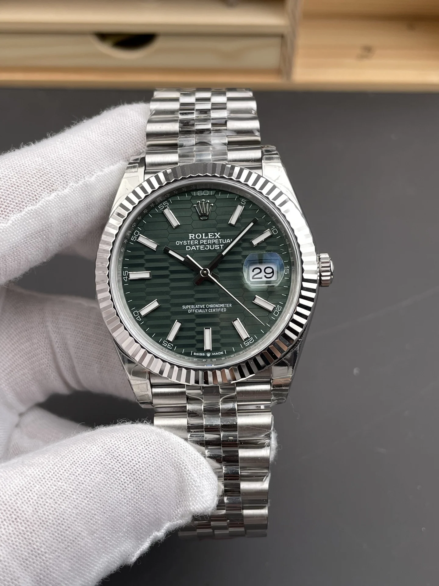 Rolex Datejust Green Dial 41mm — photographed off the sweep