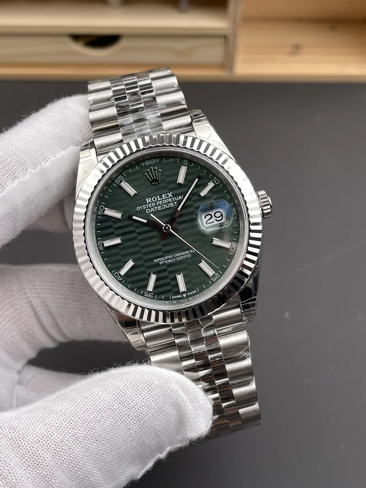 Rolex Datejust Green Dial 41mm — photographed off the sweep