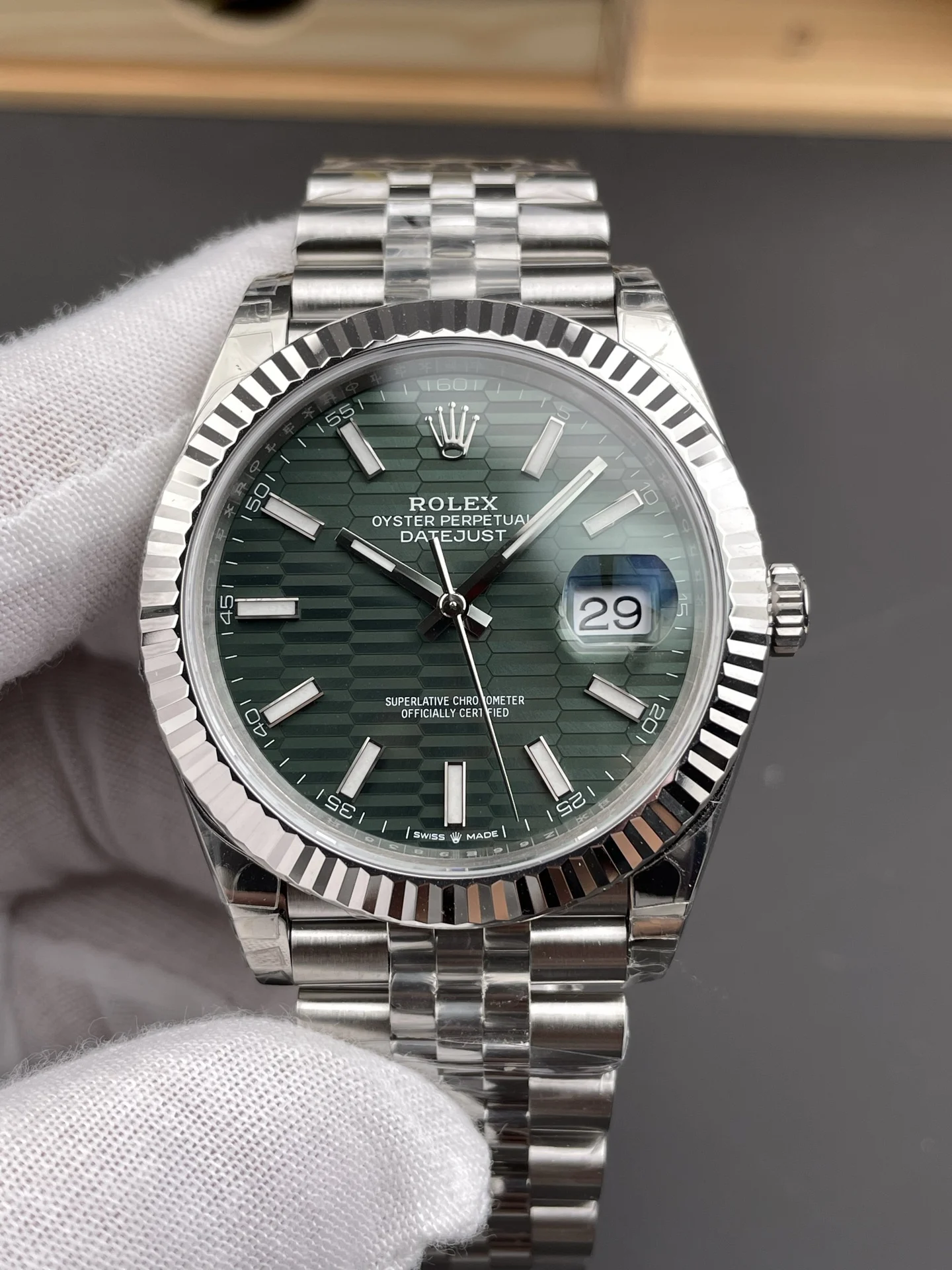 Rolex Datejust Green Dial 41mm — photographed off the sweep