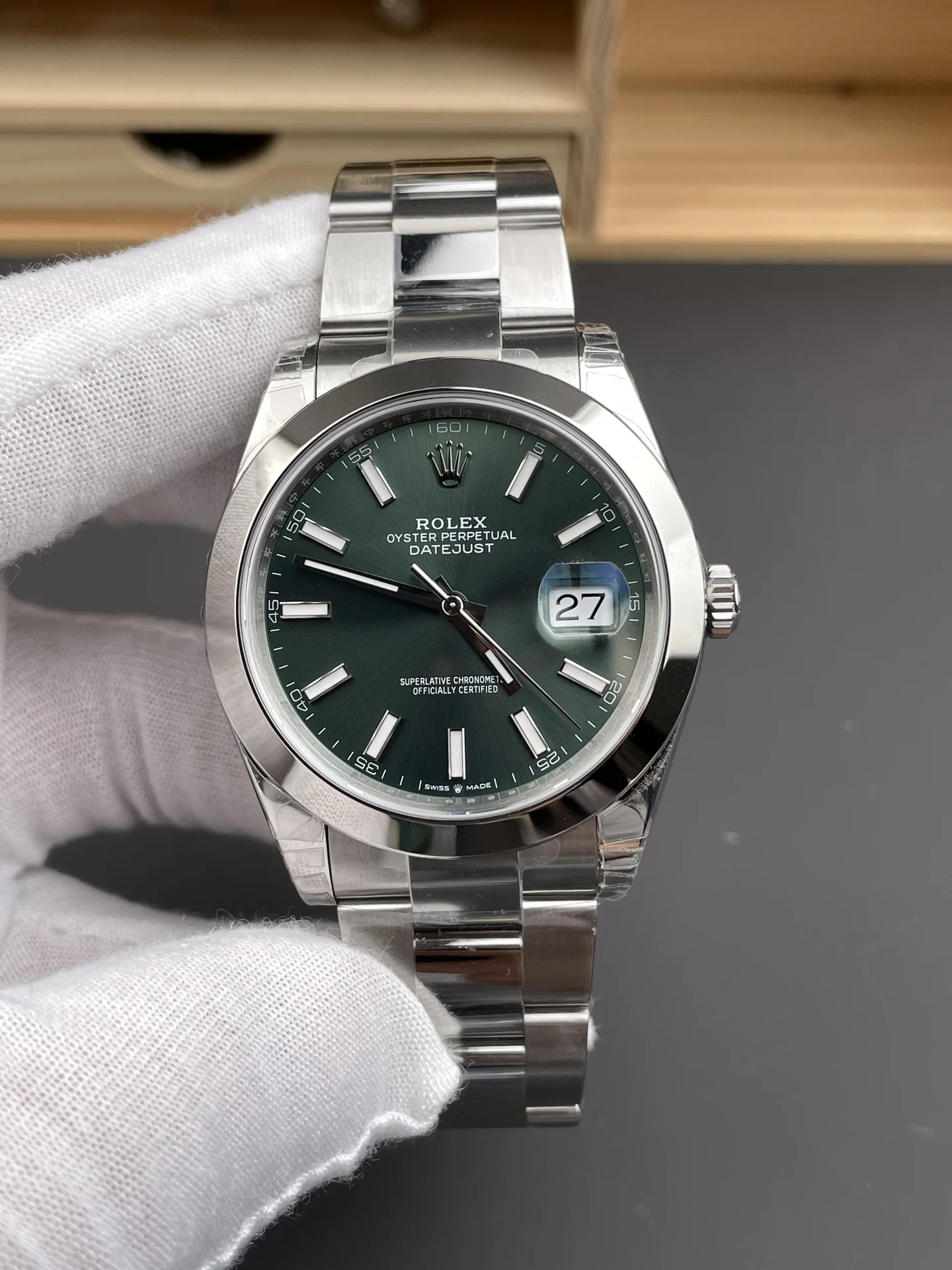 Rolex Datejust Green Dial 41mm — photographed off the sweep