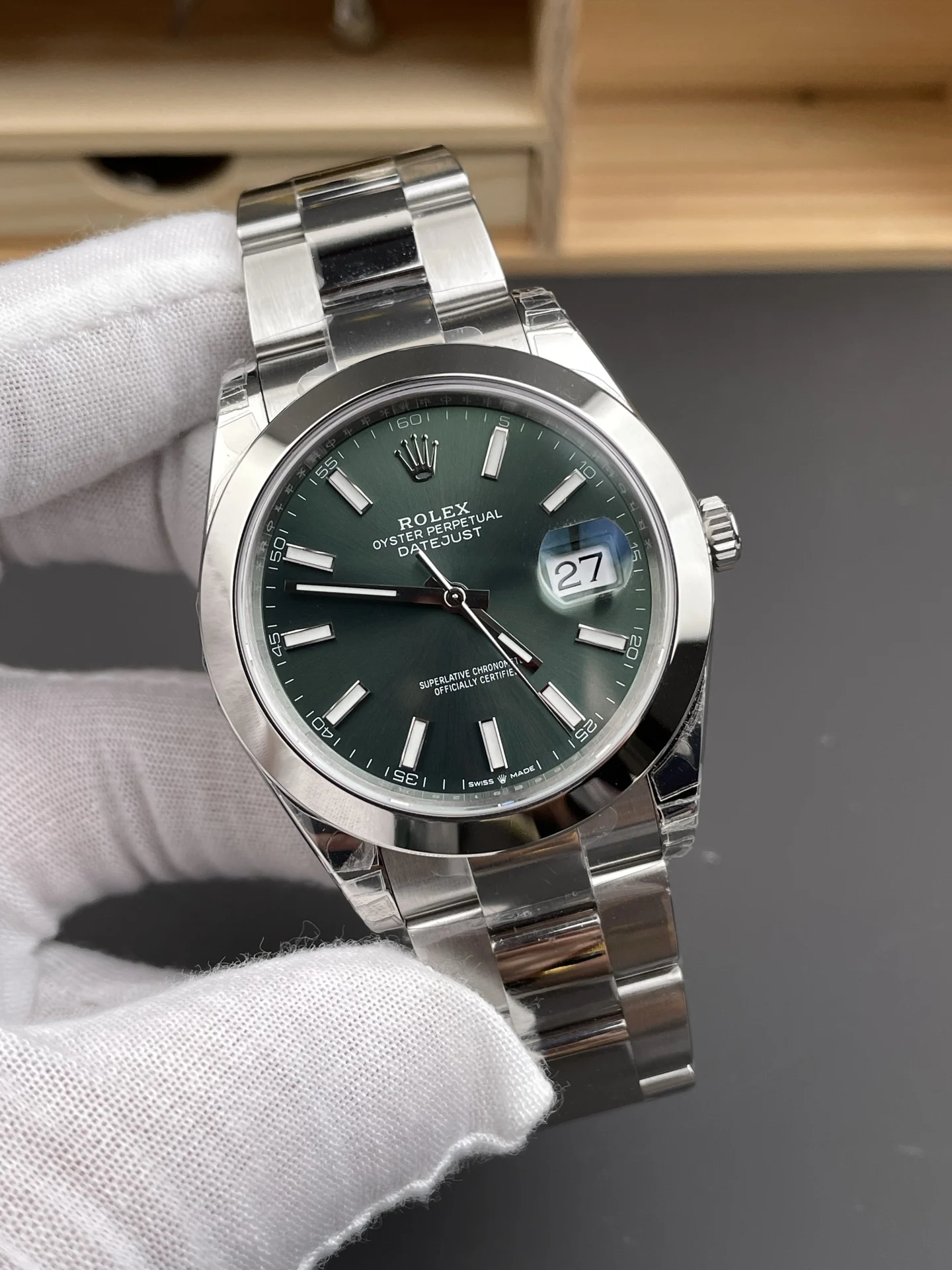 Rolex Datejust Green Dial 41mm — photographed off the sweep