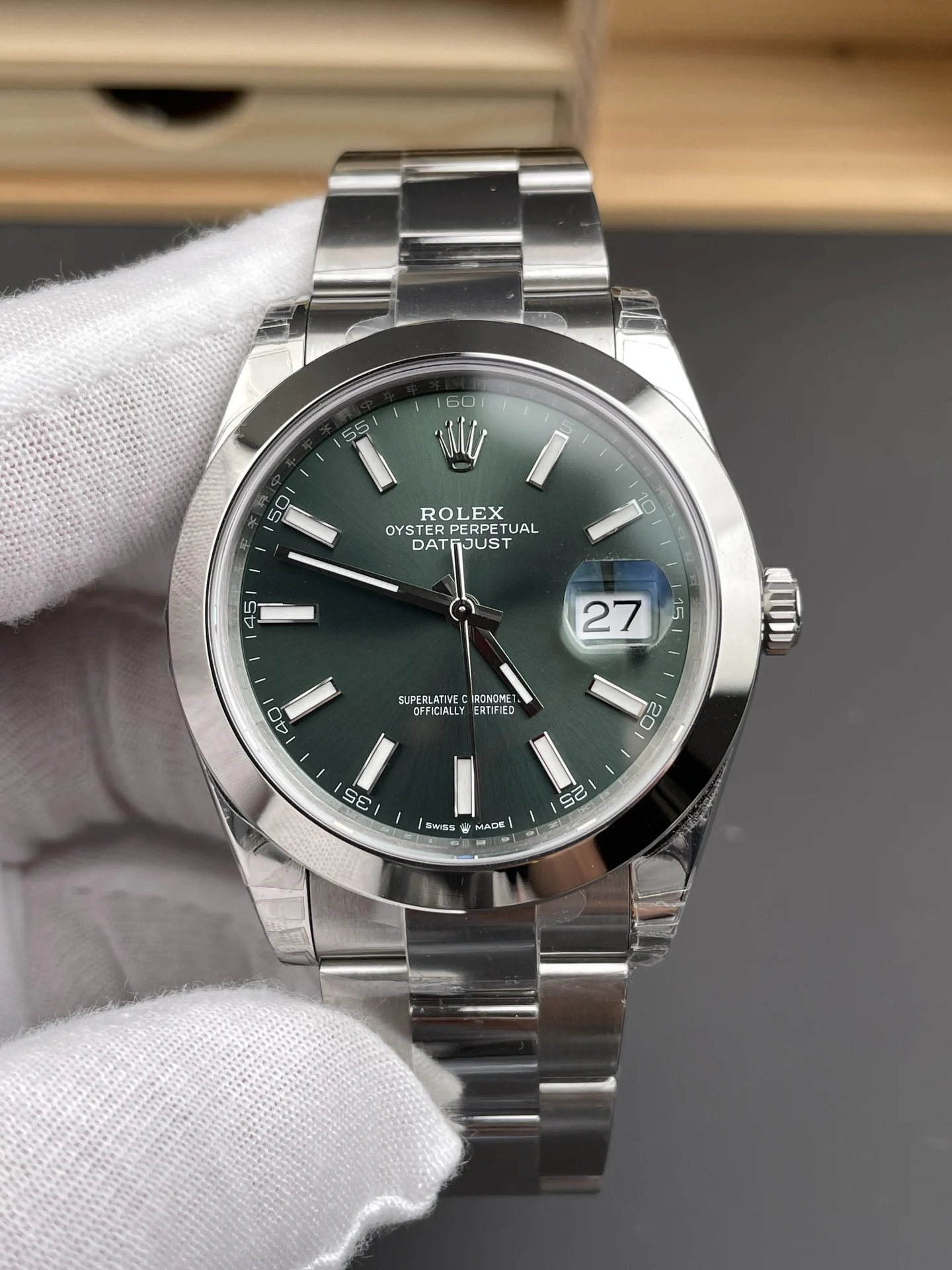 Rolex Datejust Green Dial 41mm — photographed off the sweep