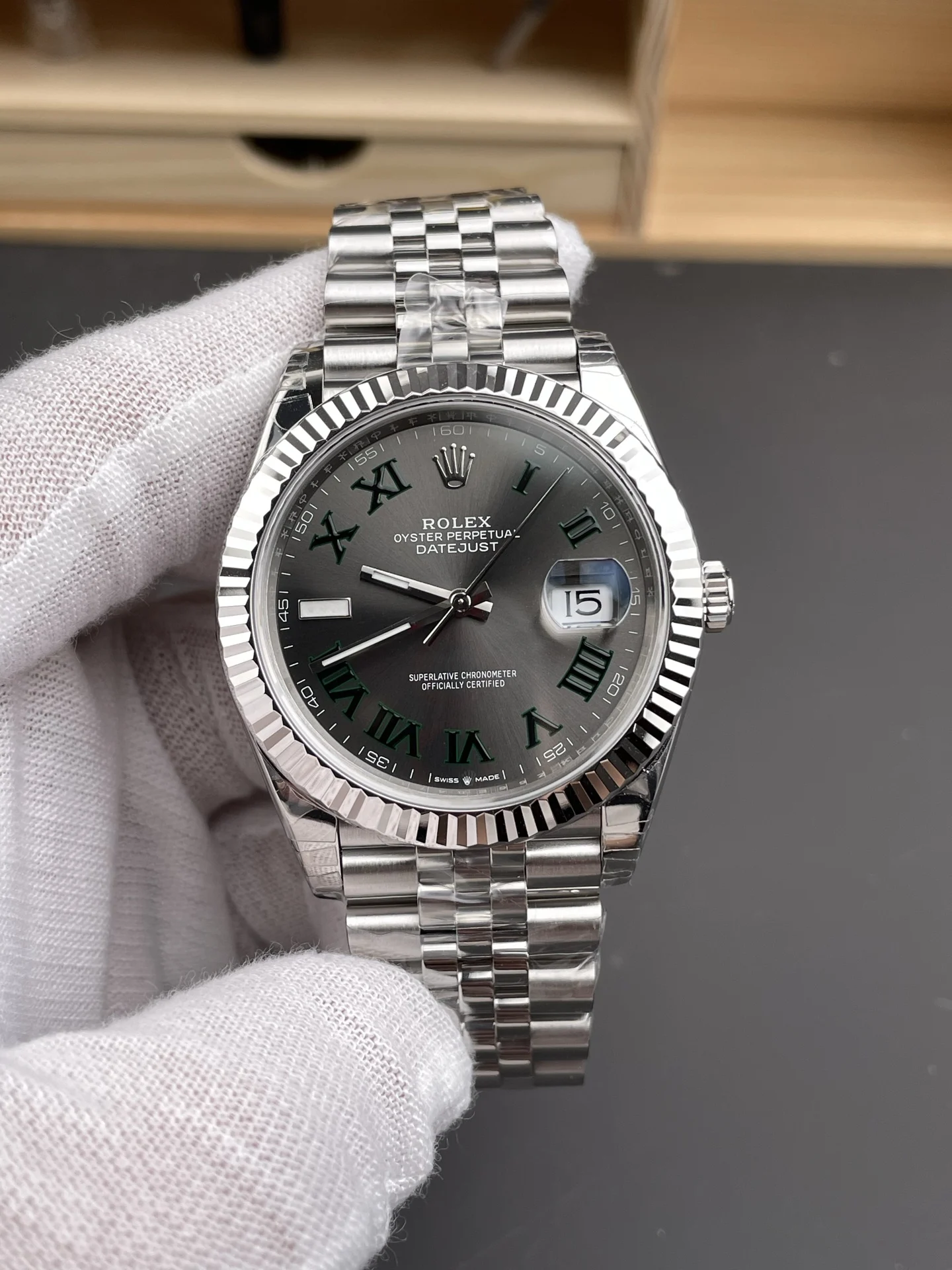 Rolex Datejust Green Dial 41mm — photographed off the sweep