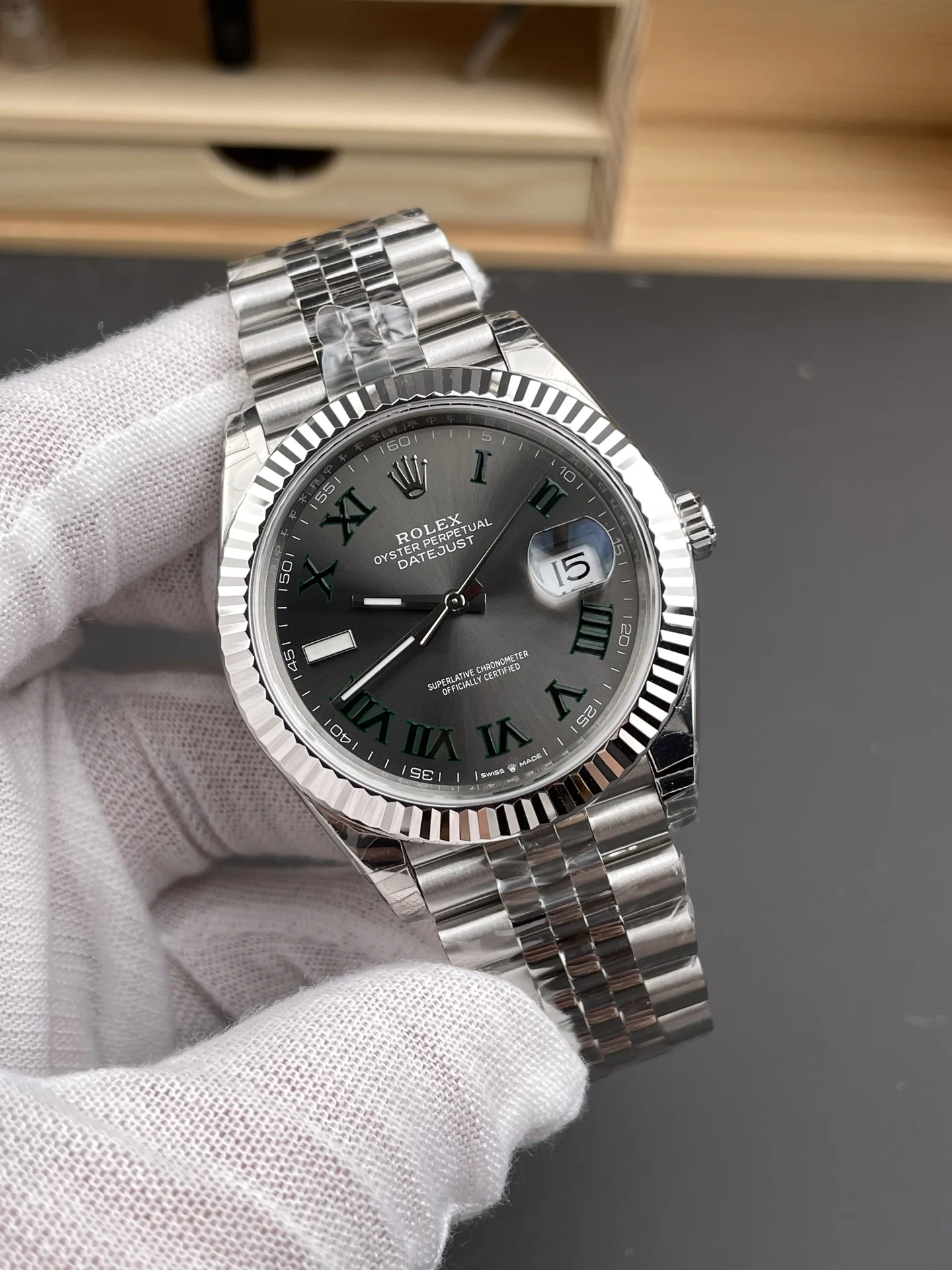 Rolex Datejust Green Dial 41mm — photographed off the sweep