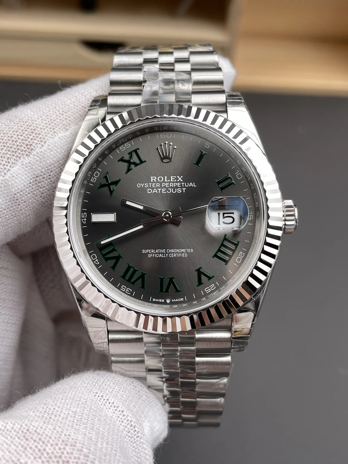 Rolex Datejust Green Dial 41mm — photographed off the sweep