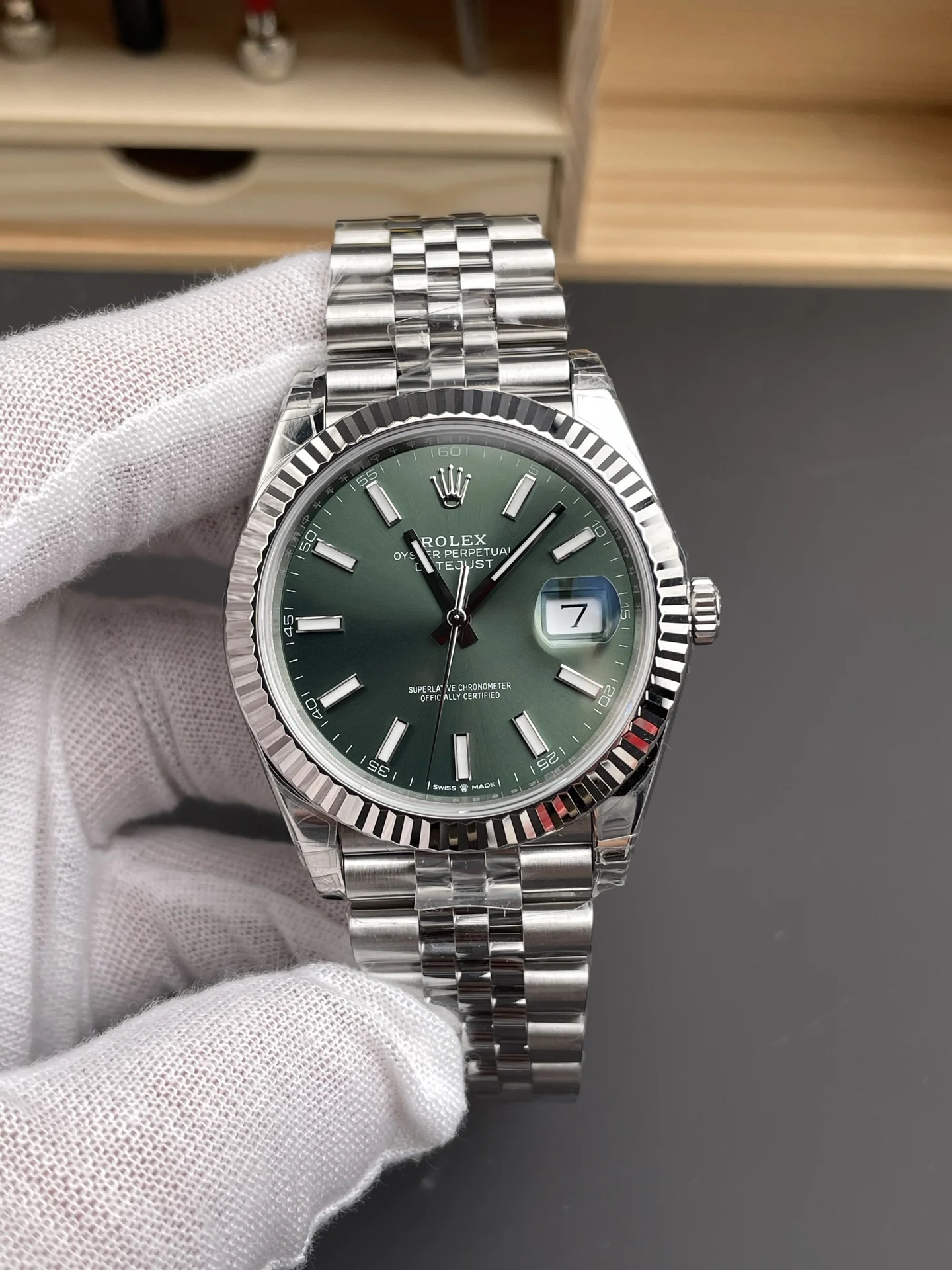 Rolex Datejust Green Dial 41mm — photographed off the sweep
