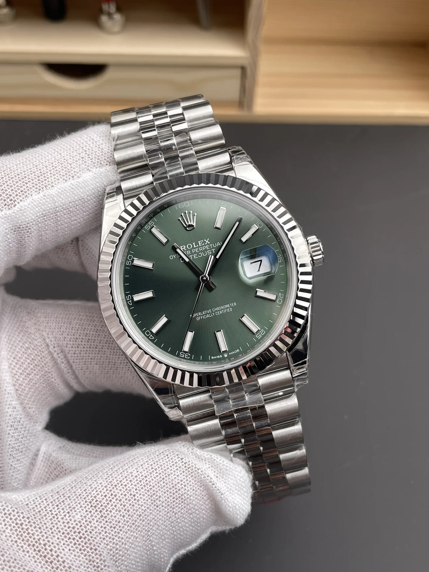Rolex Datejust Green Dial 41mm — photographed off the sweep