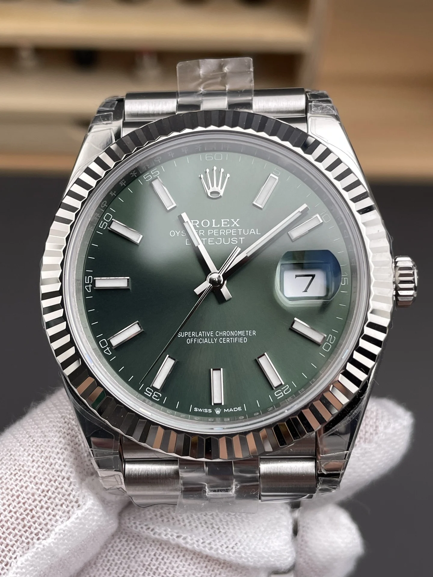 Rolex Datejust Green Dial 41mm — photographed off the sweep