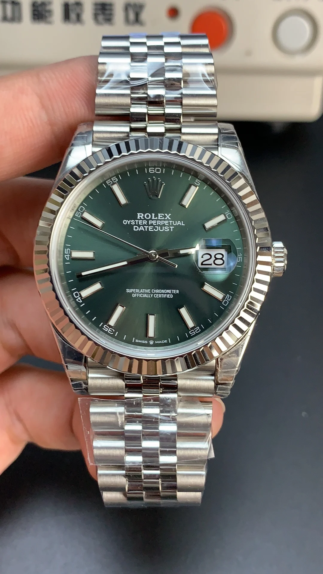 Rolex Datejust Green Dial 41mm — photographed off the sweep