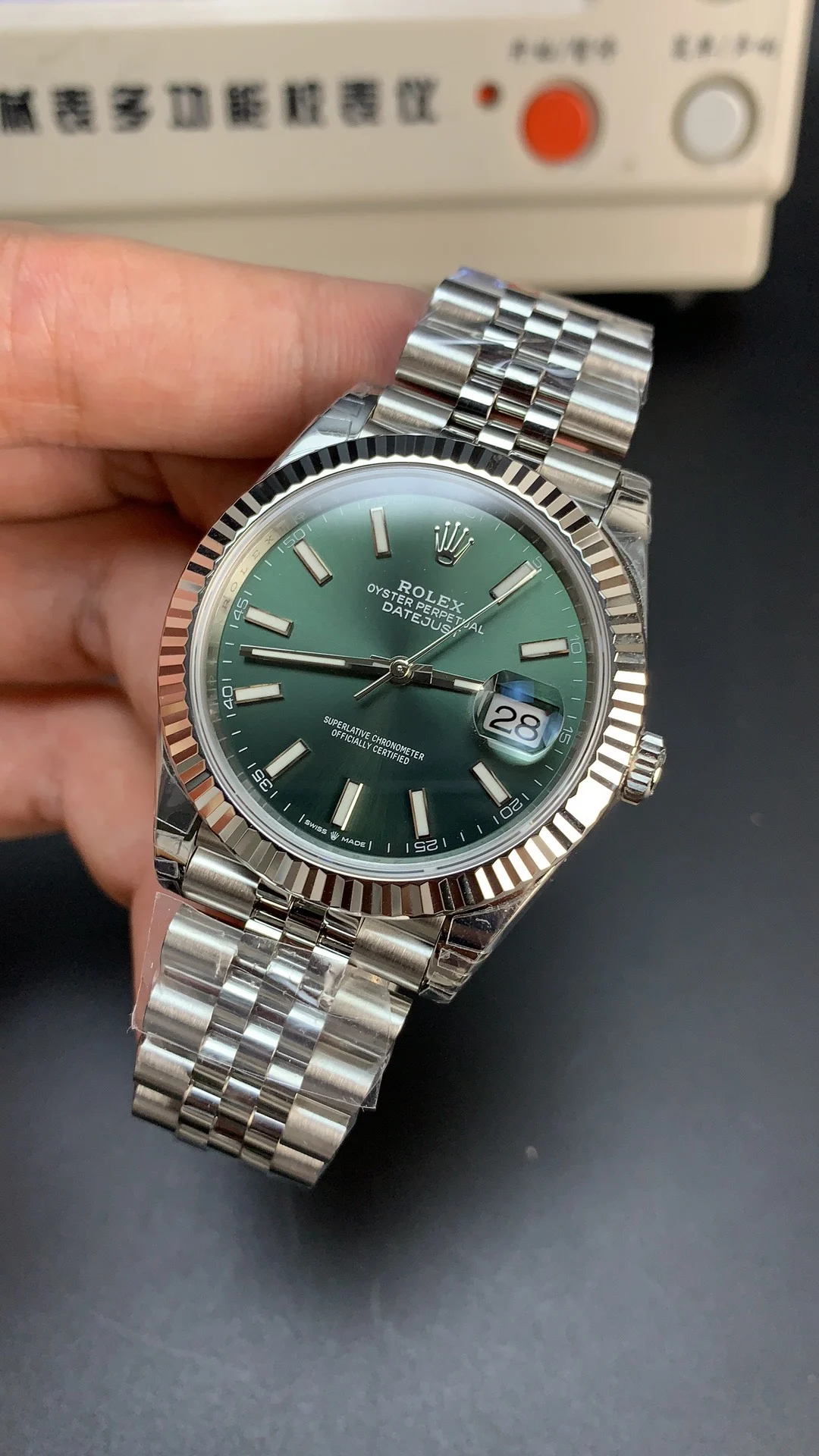 Rolex Datejust Green Dial 41mm — photographed off the sweep