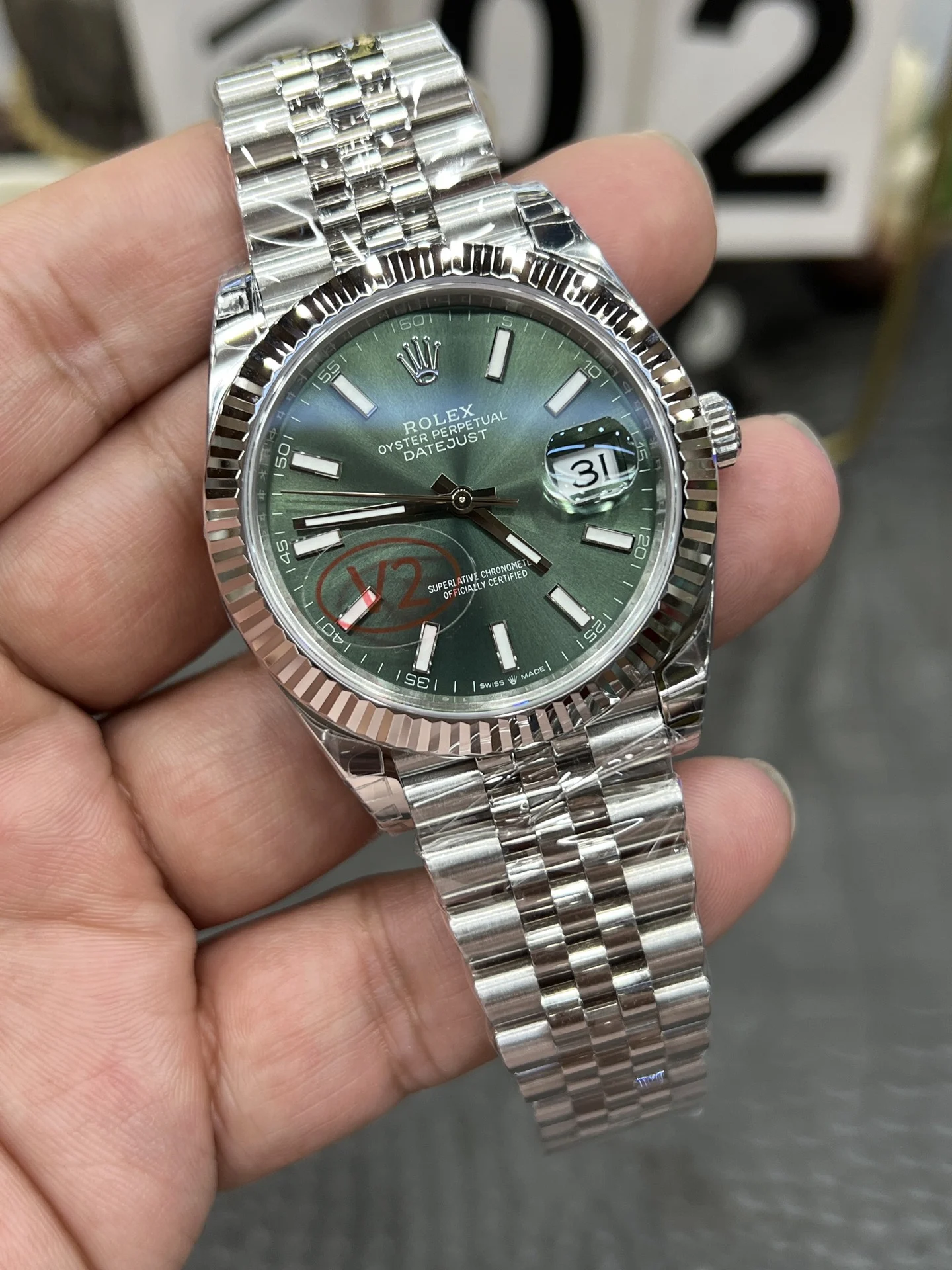 Rolex Datejust Green Dial 41mm — photographed off the sweep