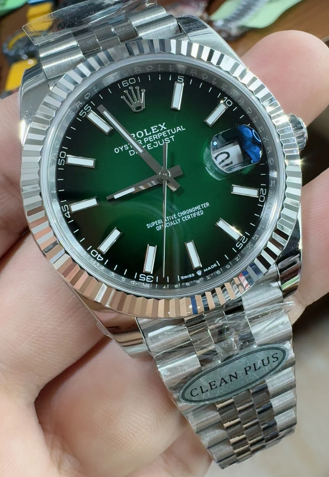 Rolex Datejust Green Dial 41mm — photographed off the sweep