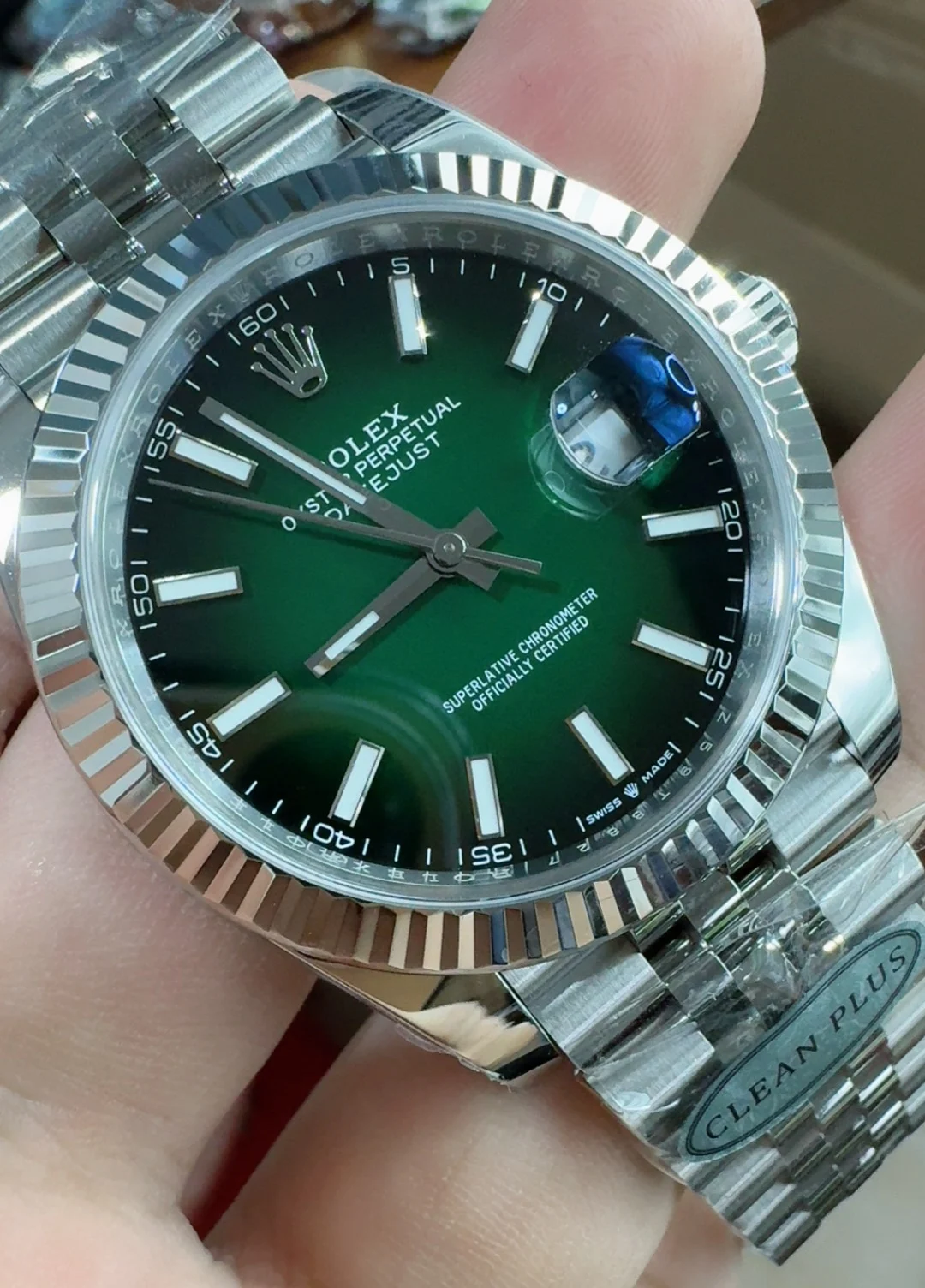 Rolex Datejust Green Dial 41mm — photographed off the sweep