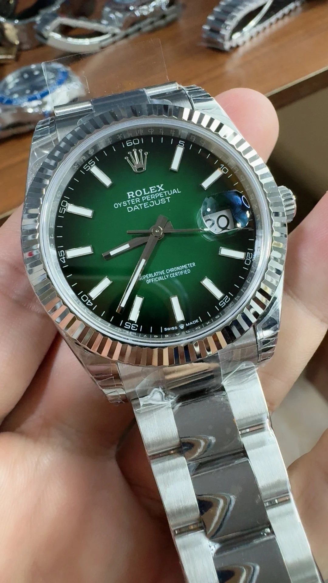 Rolex Datejust Green Dial 41mm — photographed off the sweep