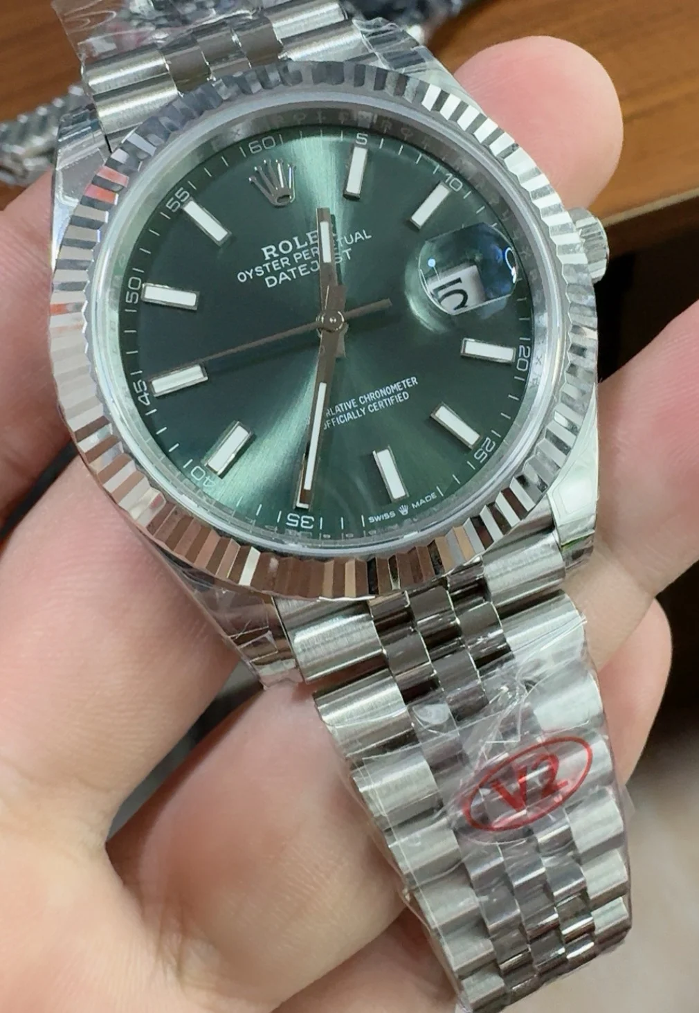 Rolex Datejust Green Dial 41mm — photographed off the sweep
