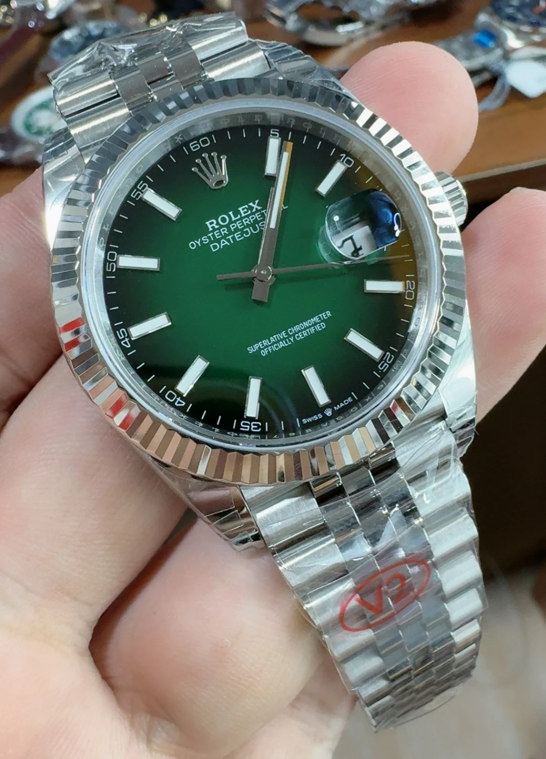 Rolex Datejust Green Dial 41mm — photographed off the sweep