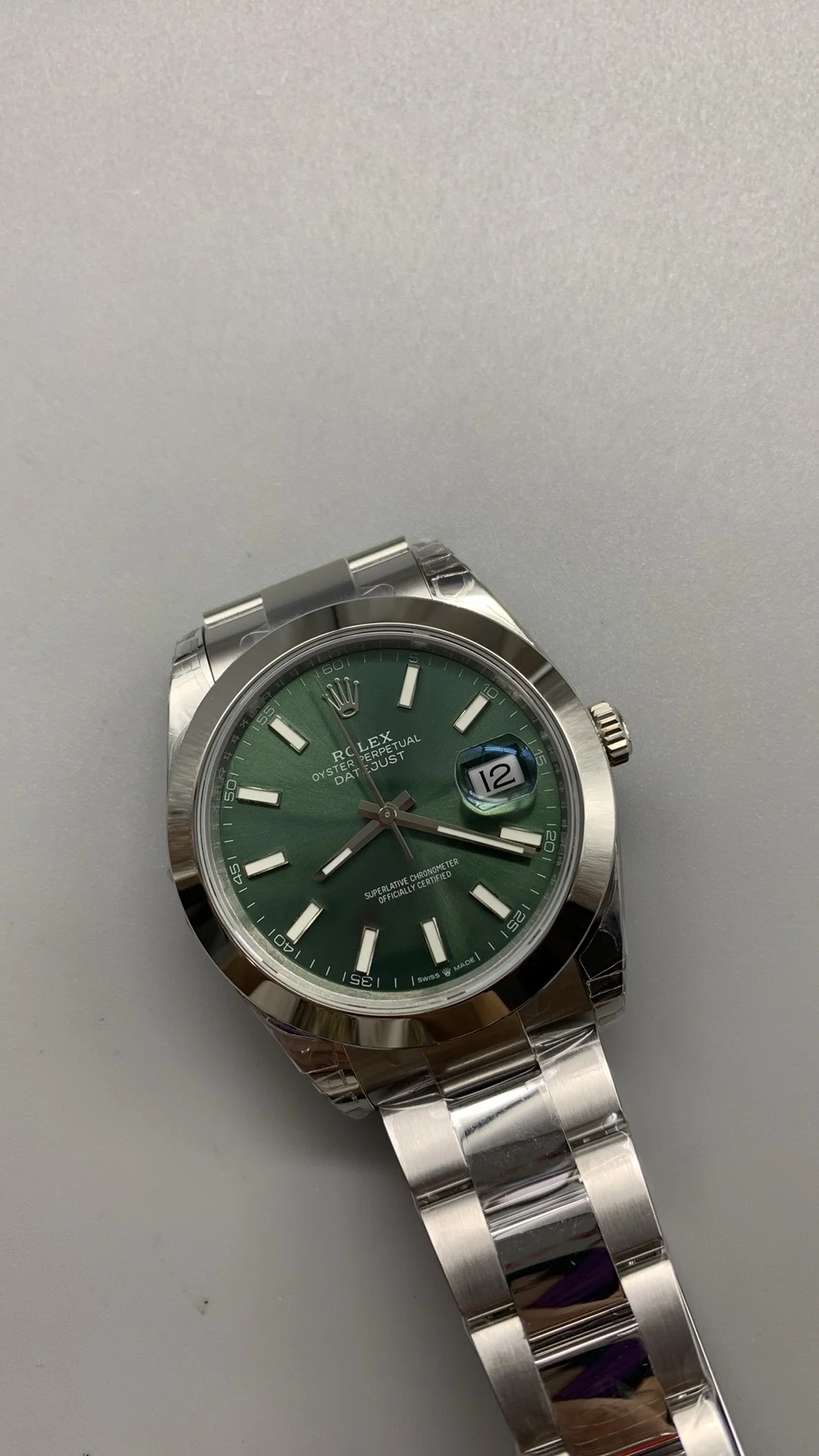 Rolex Datejust Green Dial 41mm — photographed off the sweep