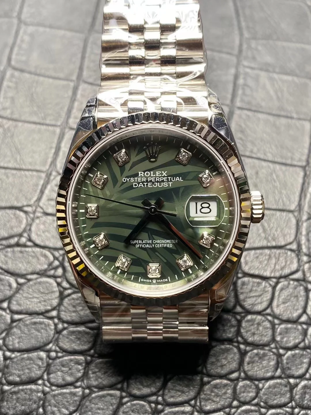 Rolex Datejust Green Dial Diamond-Set — photographed off the sweep