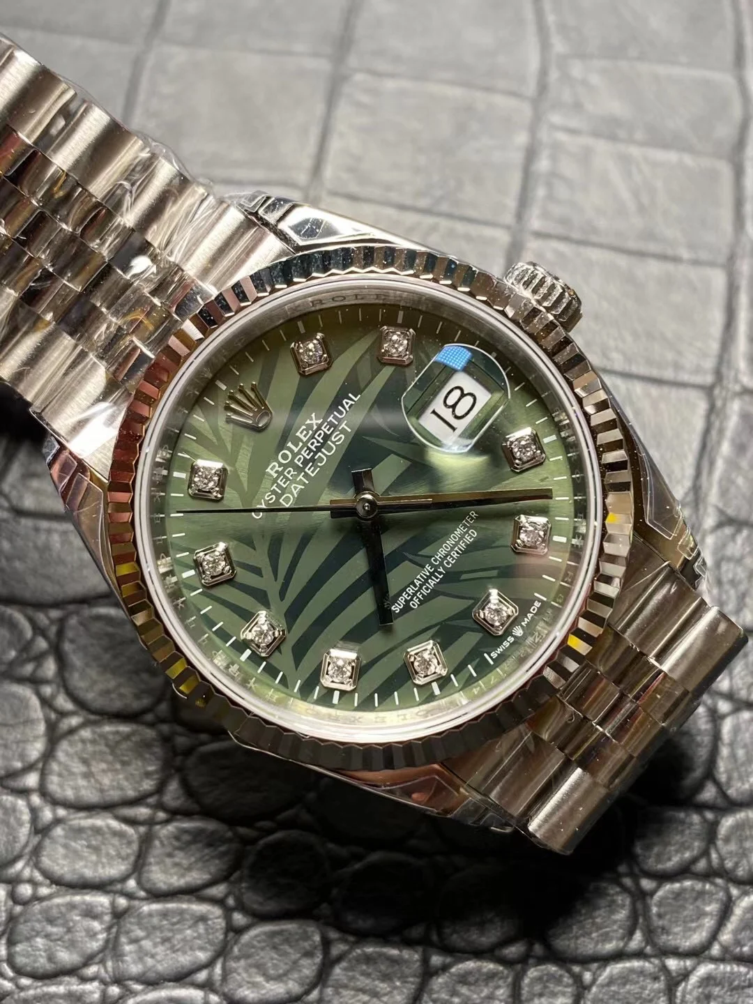 Rolex Datejust Green Dial Diamond-Set — photographed off the sweep