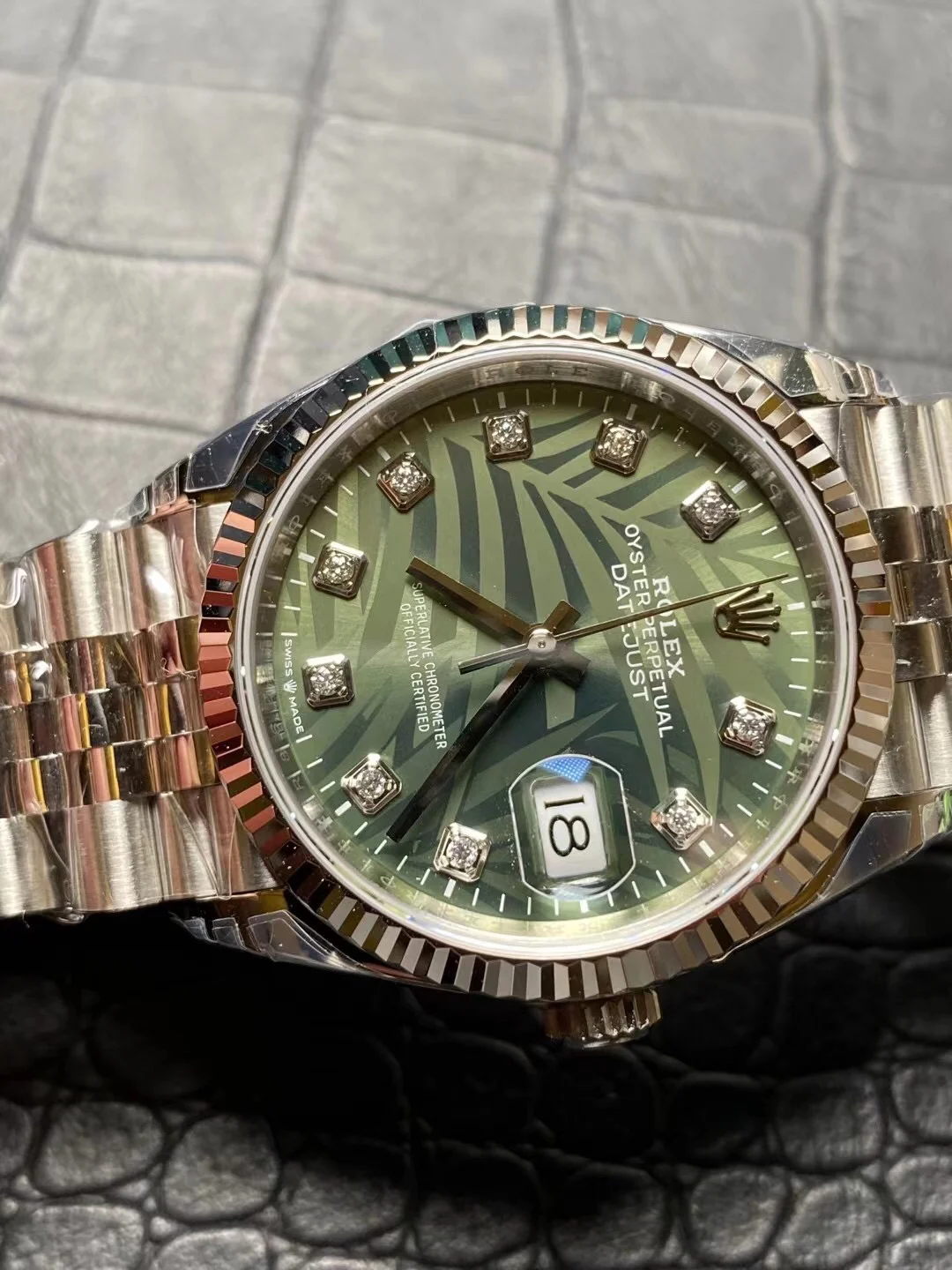 Rolex Datejust Green Dial Diamond-Set — photographed off the sweep