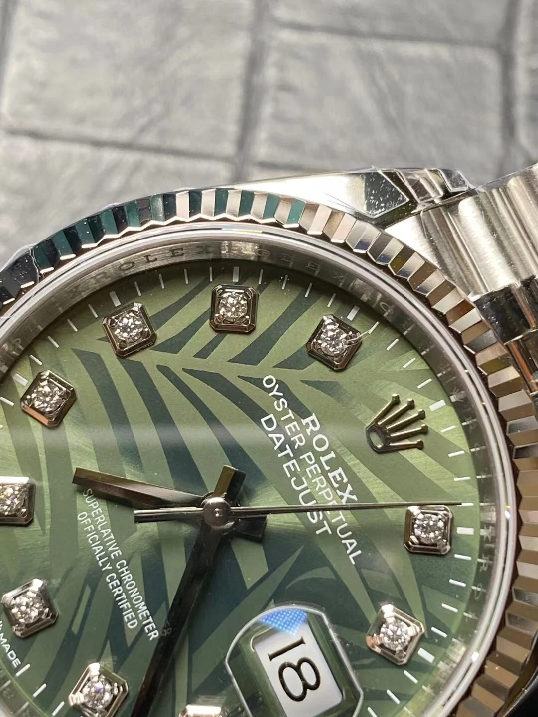 Rolex Datejust Green Dial Diamond-Set — photographed off the sweep