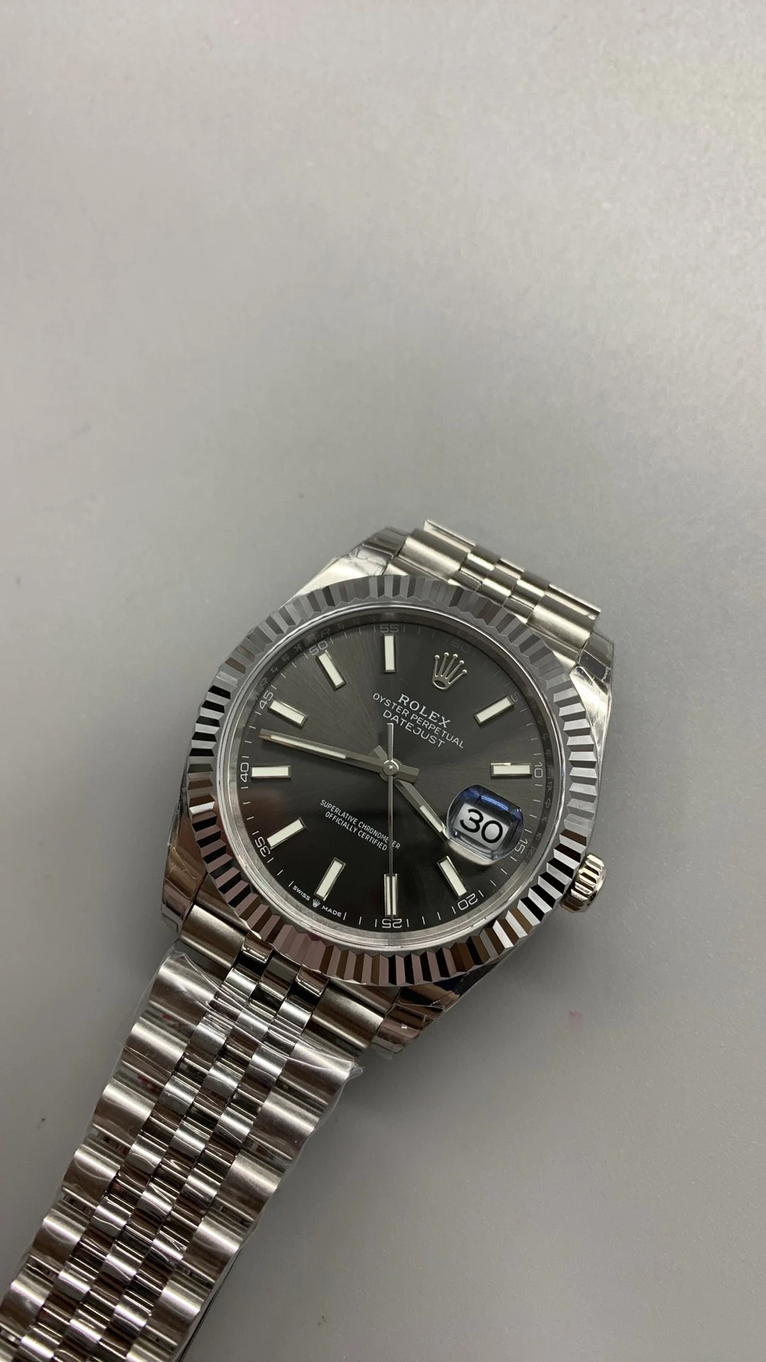 Rolex Datejust Grey Dial 41mm — photographed off the sweep