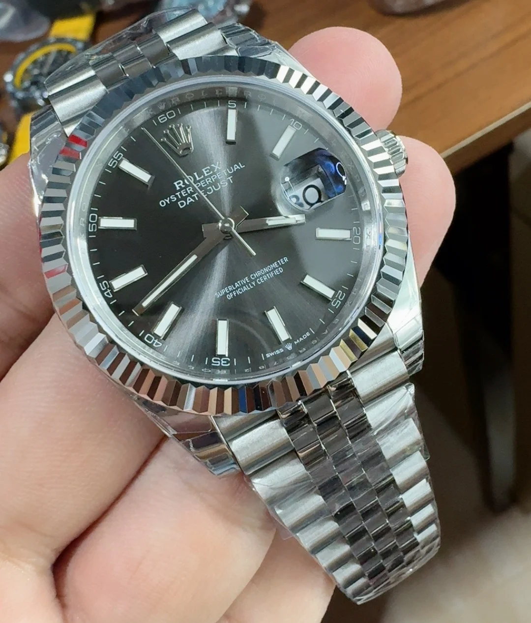 Rolex Datejust Grey Dial 41mm — photographed off the sweep