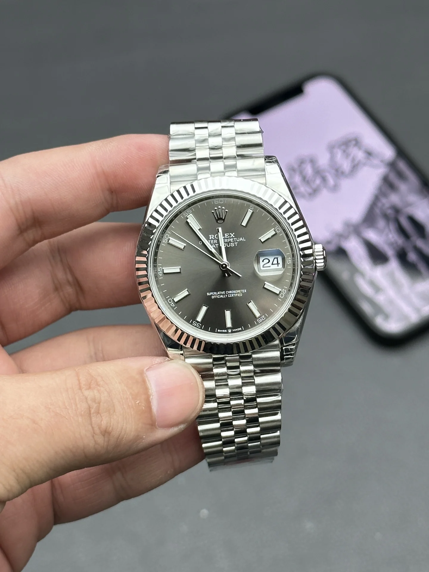 Rolex Datejust Grey Dial 41mm — photographed off the sweep