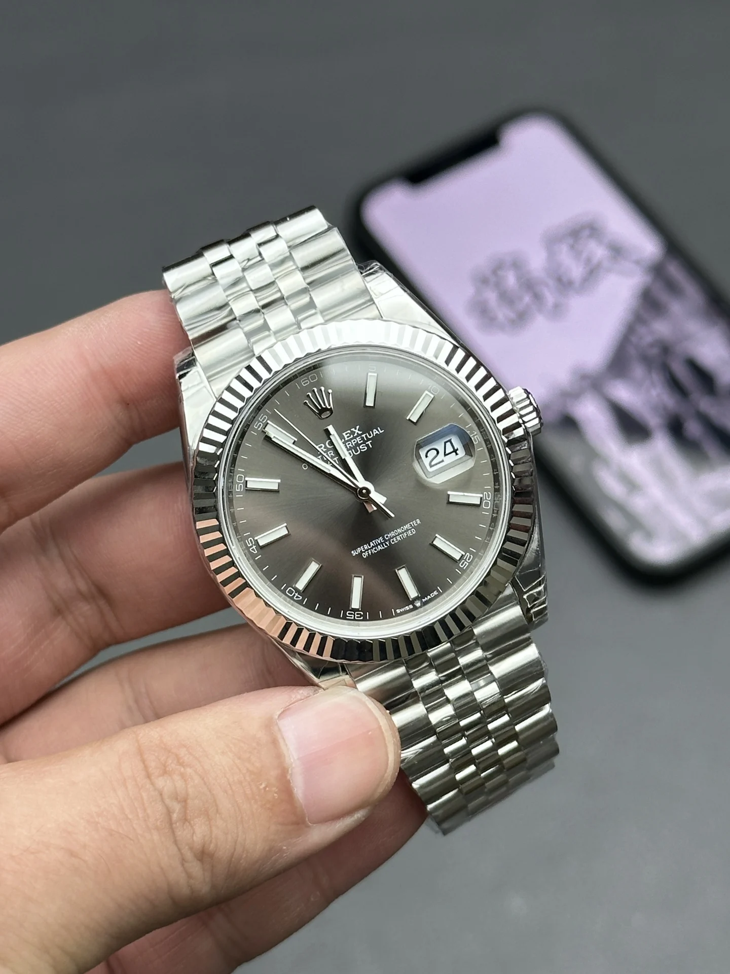 Rolex Datejust Grey Dial 41mm — photographed off the sweep