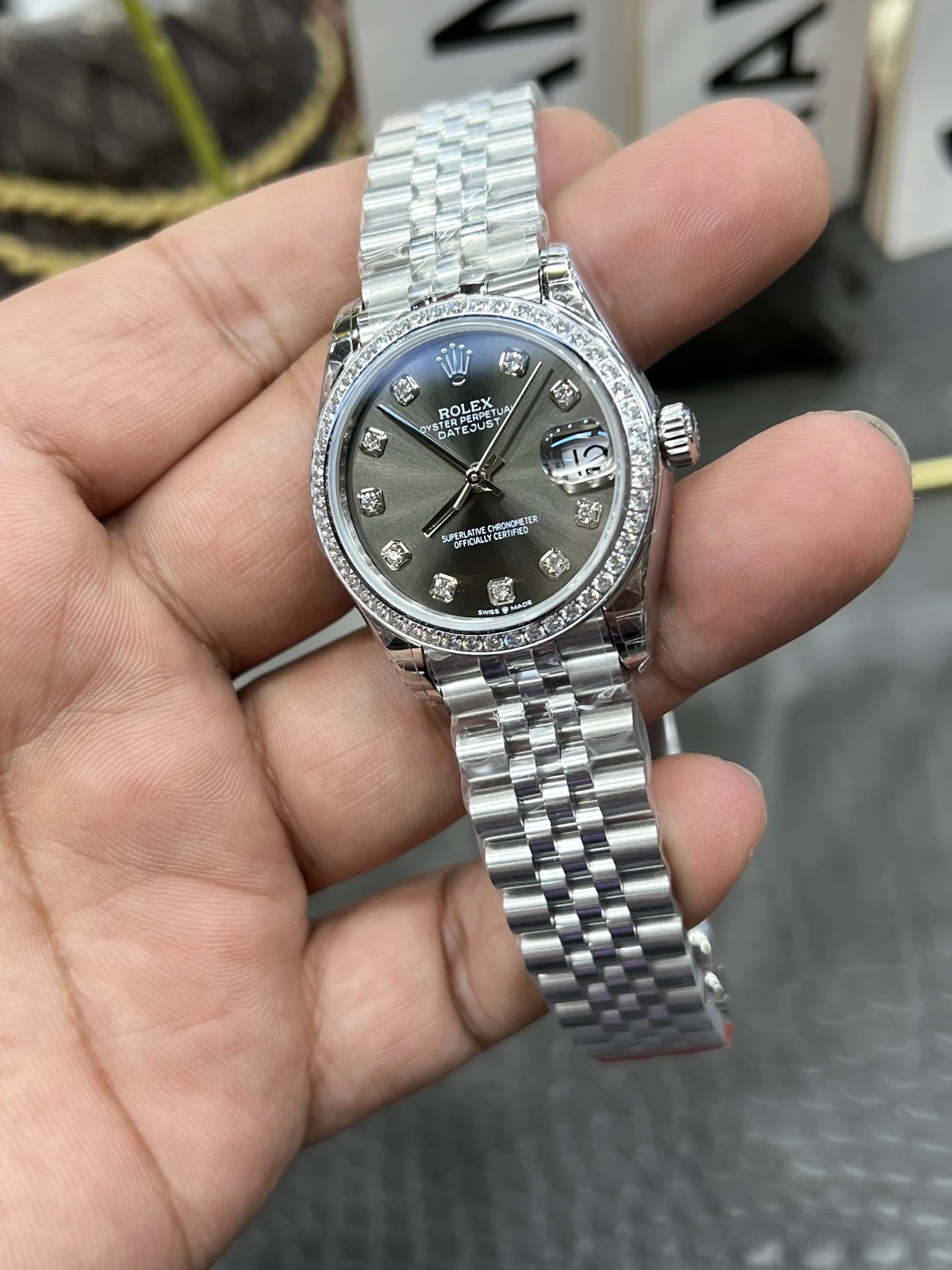 Rolex Datejust Grey Dial Diamond-Set 31mm — photographed off the sweep