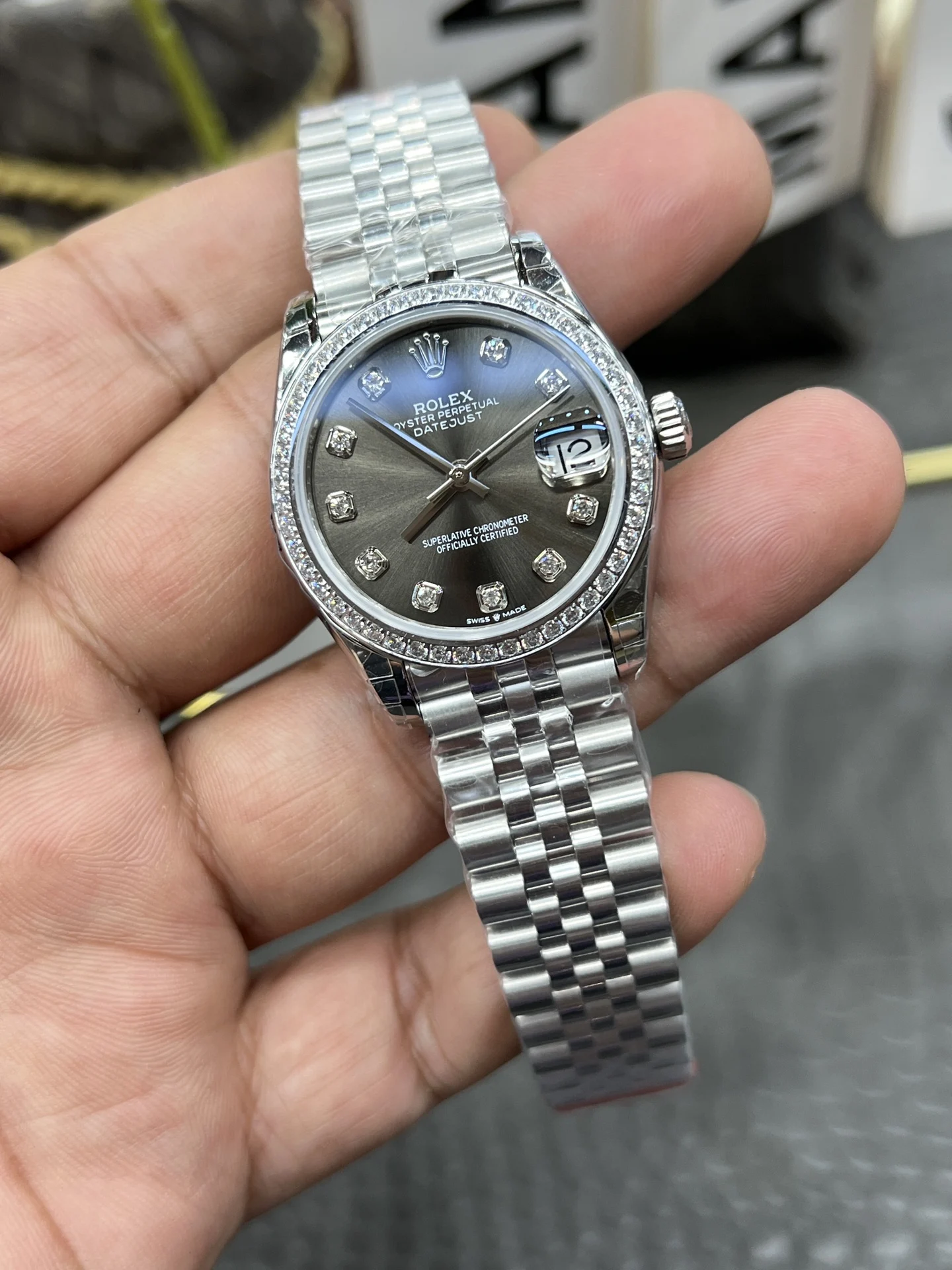 Rolex Datejust Grey Dial Diamond-Set 31mm — photographed off the sweep
