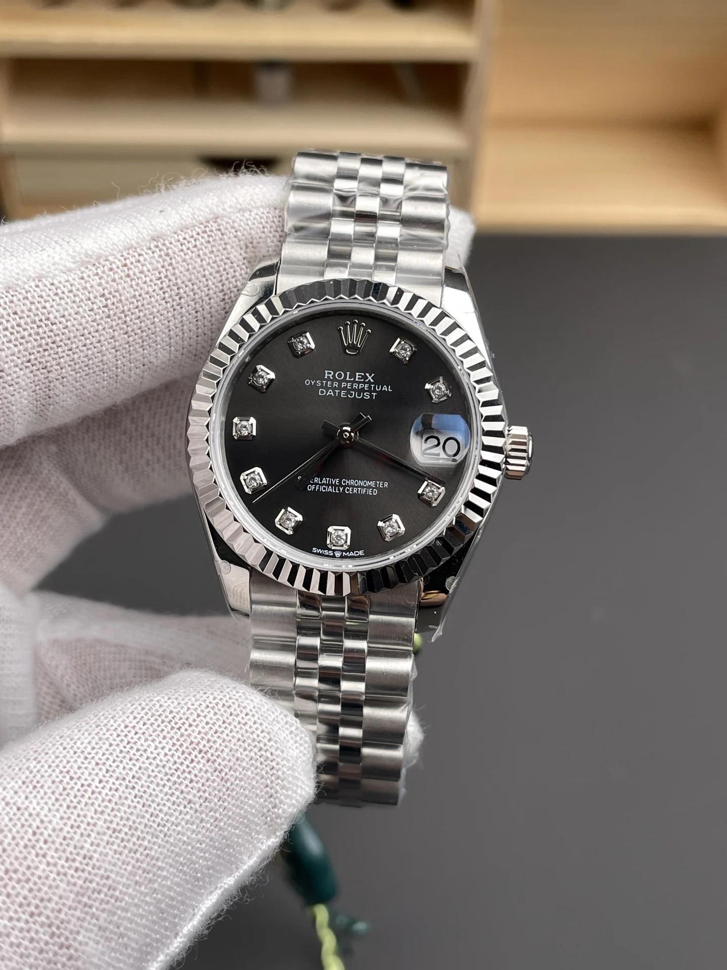 Rolex Datejust Grey Dial Diamond-Set 31mm — photographed off the sweep