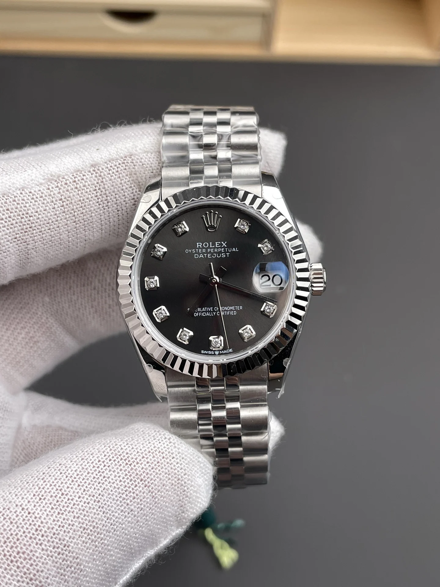Rolex Datejust Grey Dial Diamond-Set 31mm — photographed off the sweep