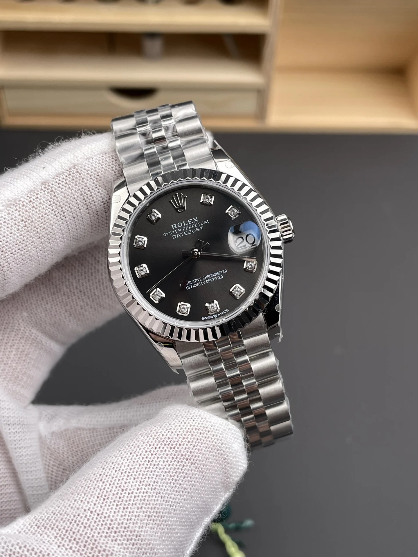 Rolex Datejust Grey Dial Diamond-Set 31mm — photographed off the sweep