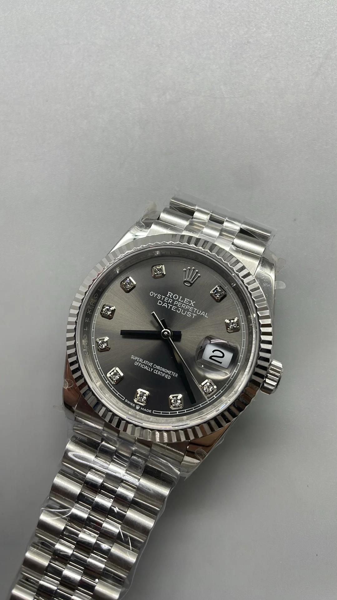 Rolex Datejust Grey Dial Diamond-Set 36mm — photographed off the sweep