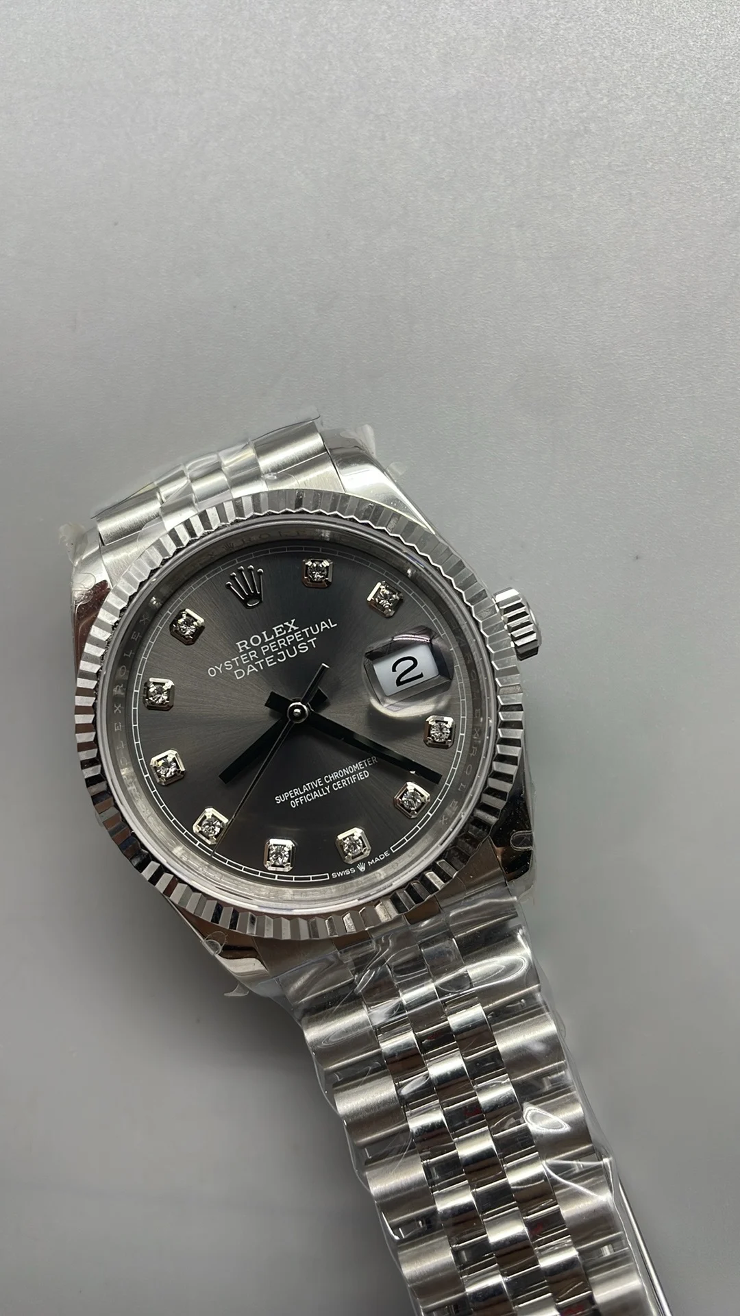 Rolex Datejust Grey Dial Diamond-Set 36mm — photographed off the sweep