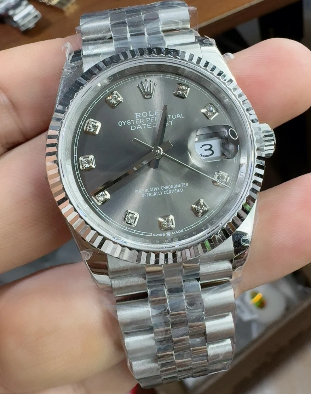 Rolex Datejust Grey Dial Diamond-Set 36mm — photographed off the sweep