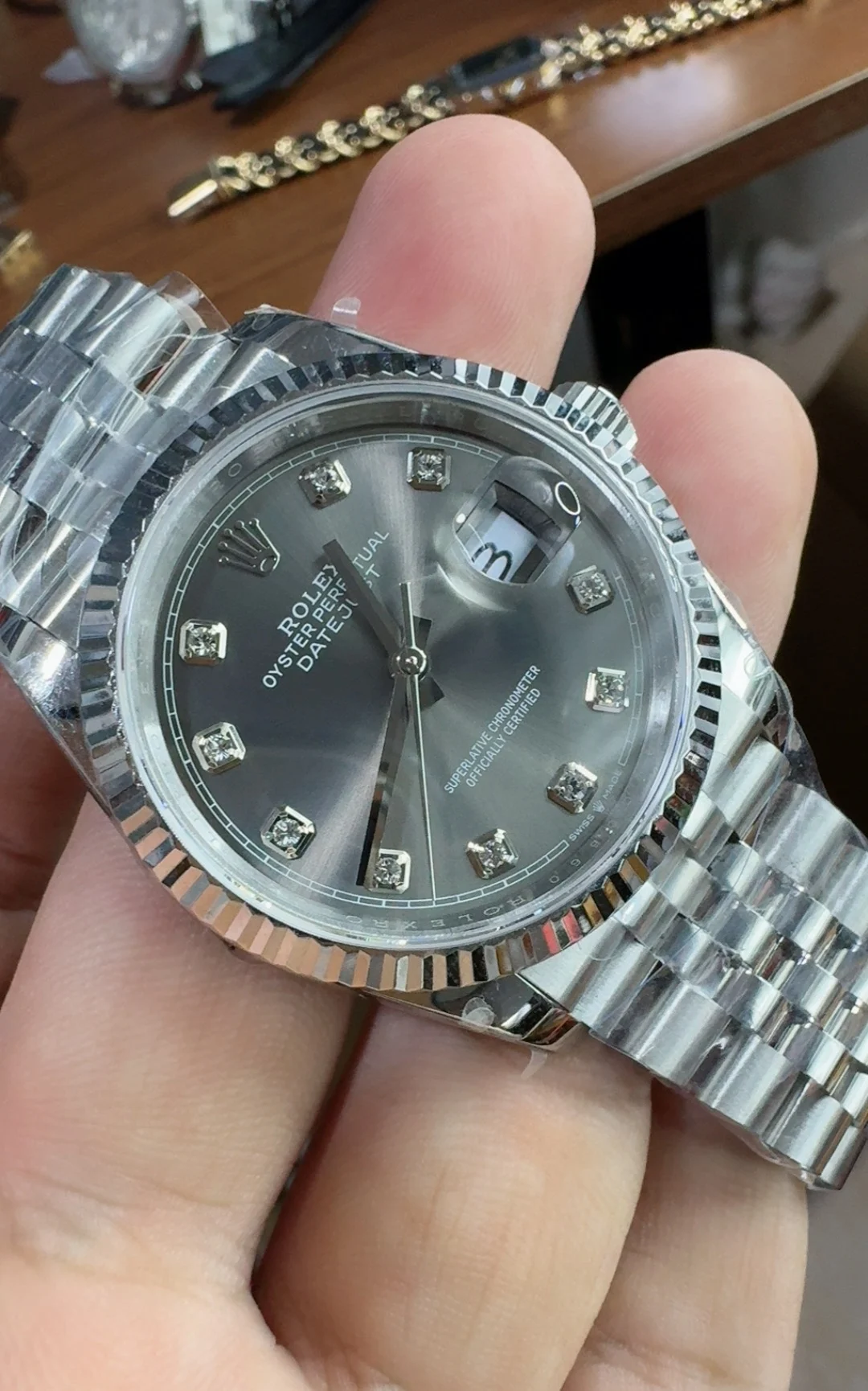 Rolex Datejust Grey Dial Diamond-Set 36mm — photographed off the sweep