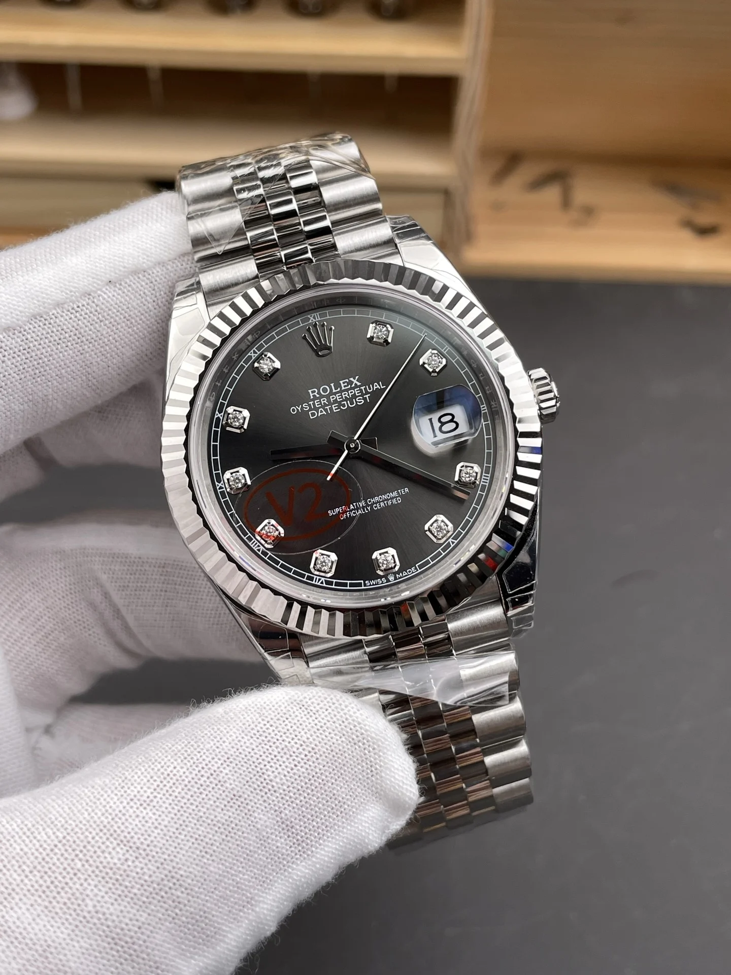 Rolex Datejust Grey Dial Diamond-Set 41mm — photographed off the sweep