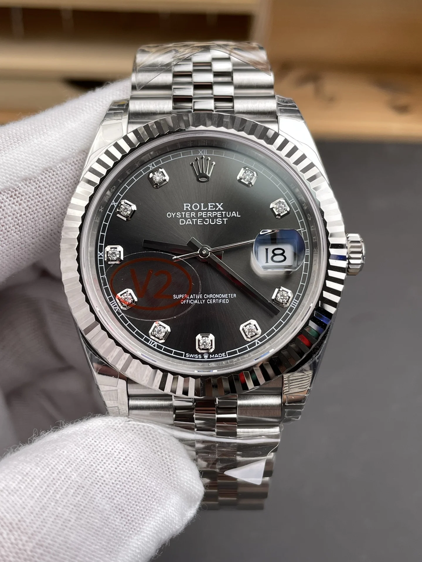 Rolex Datejust Grey Dial Diamond-Set 41mm — photographed off the sweep