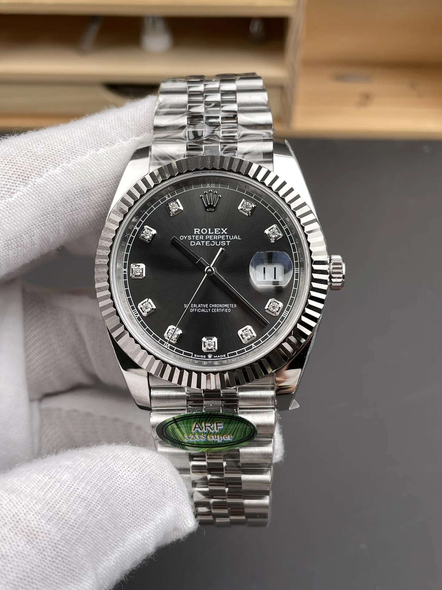 Rolex Datejust Grey Dial Diamond-Set 41mm — photographed off the sweep