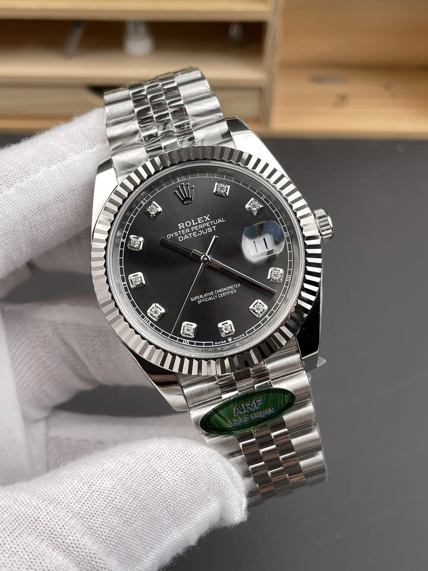 Rolex Datejust Grey Dial Diamond-Set 41mm — photographed off the sweep