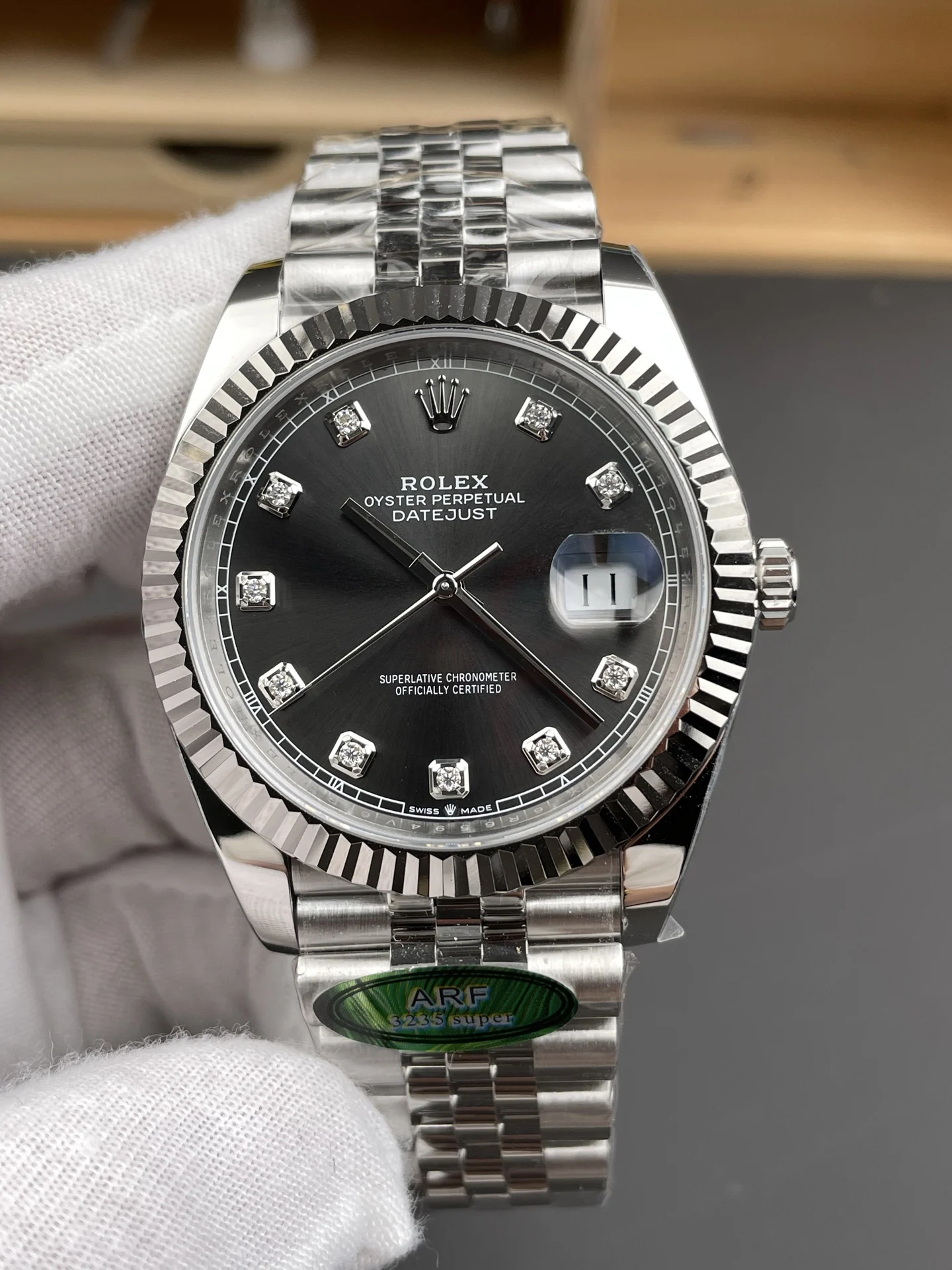 Rolex Datejust Grey Dial Diamond-Set 41mm — photographed off the sweep