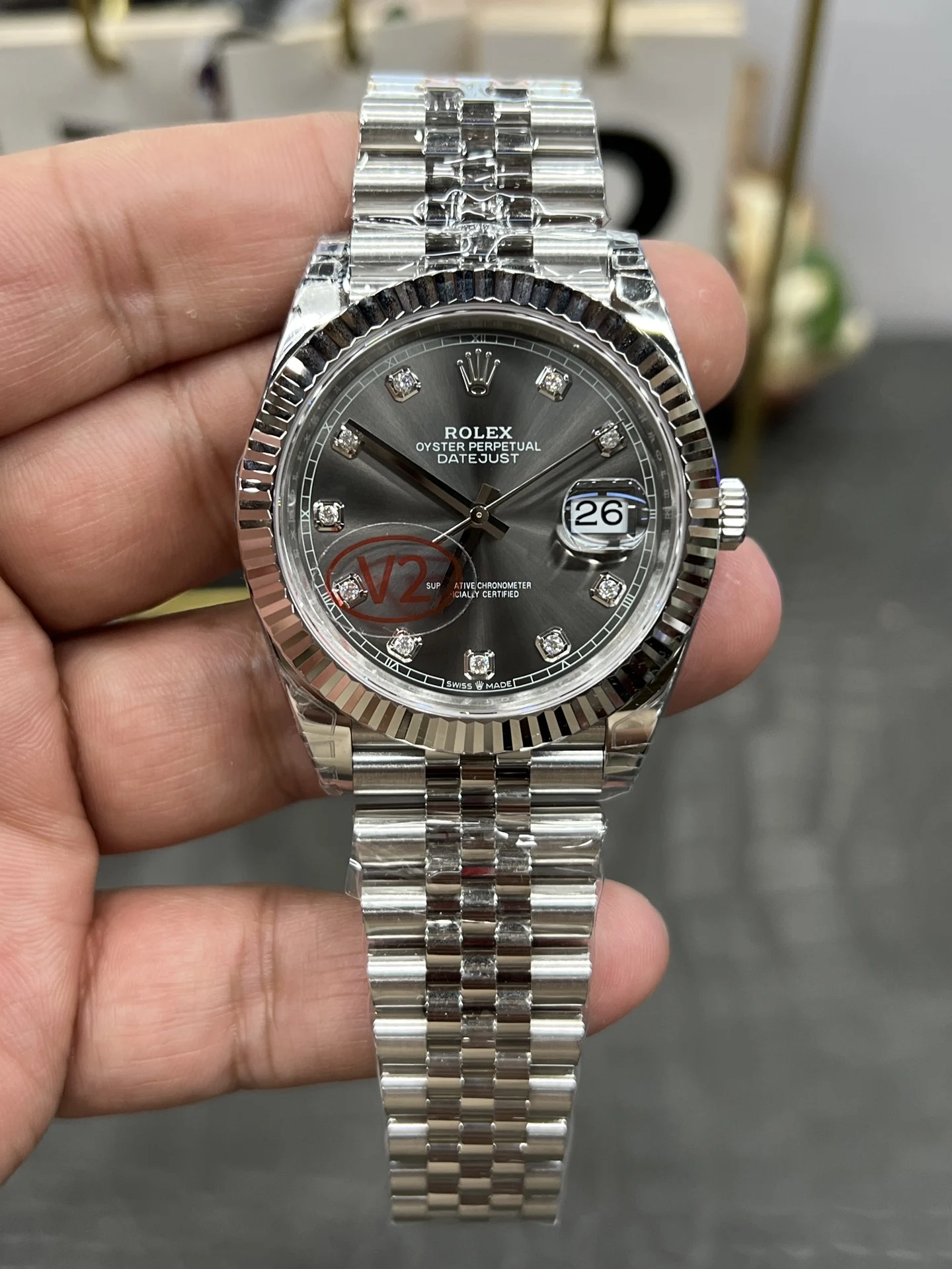 Rolex Datejust Grey Dial Diamond-Set 41mm — photographed off the sweep