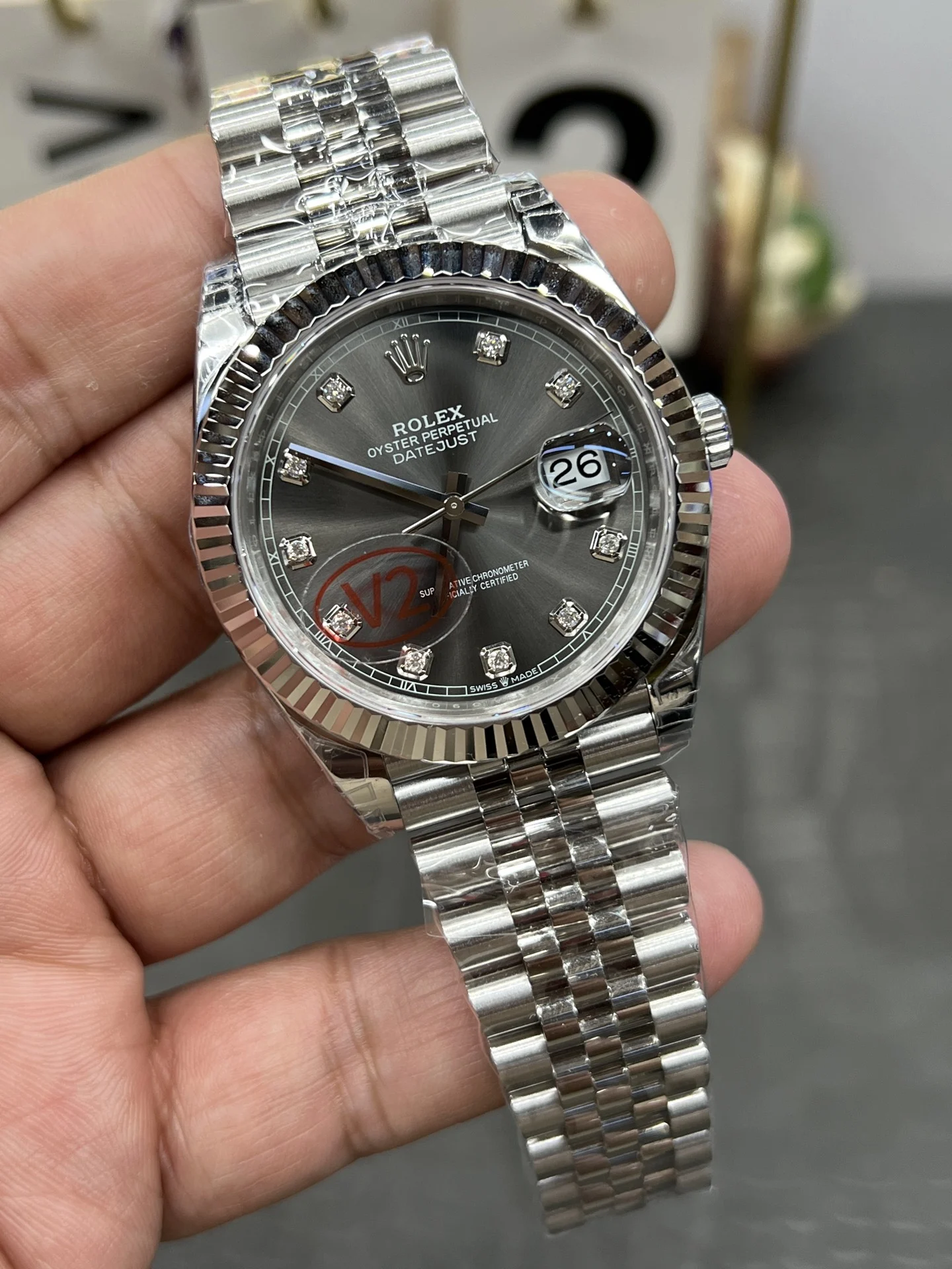 Rolex Datejust Grey Dial Diamond-Set 41mm — photographed off the sweep