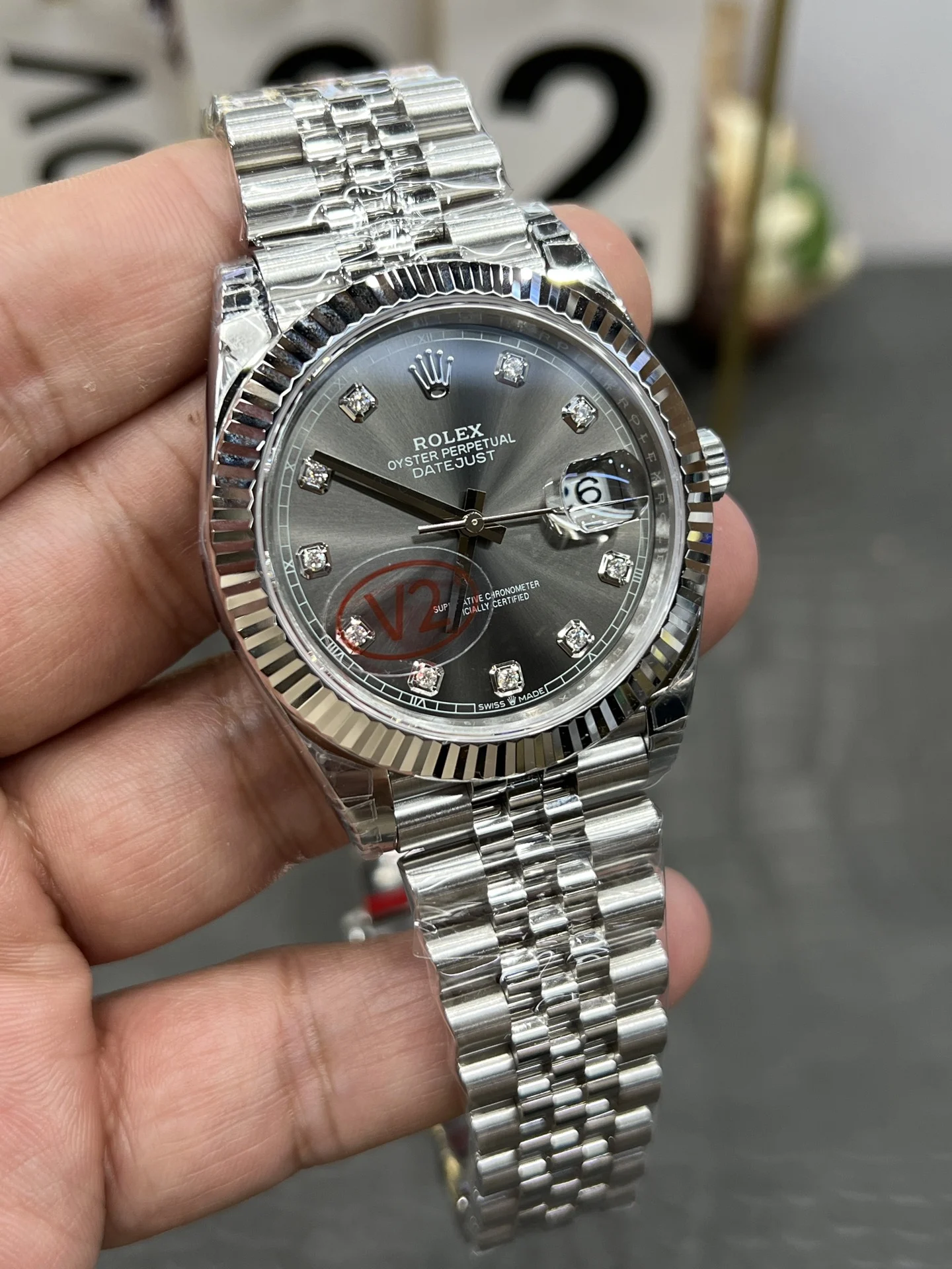 Rolex Datejust Grey Dial Diamond-Set 41mm — photographed off the sweep